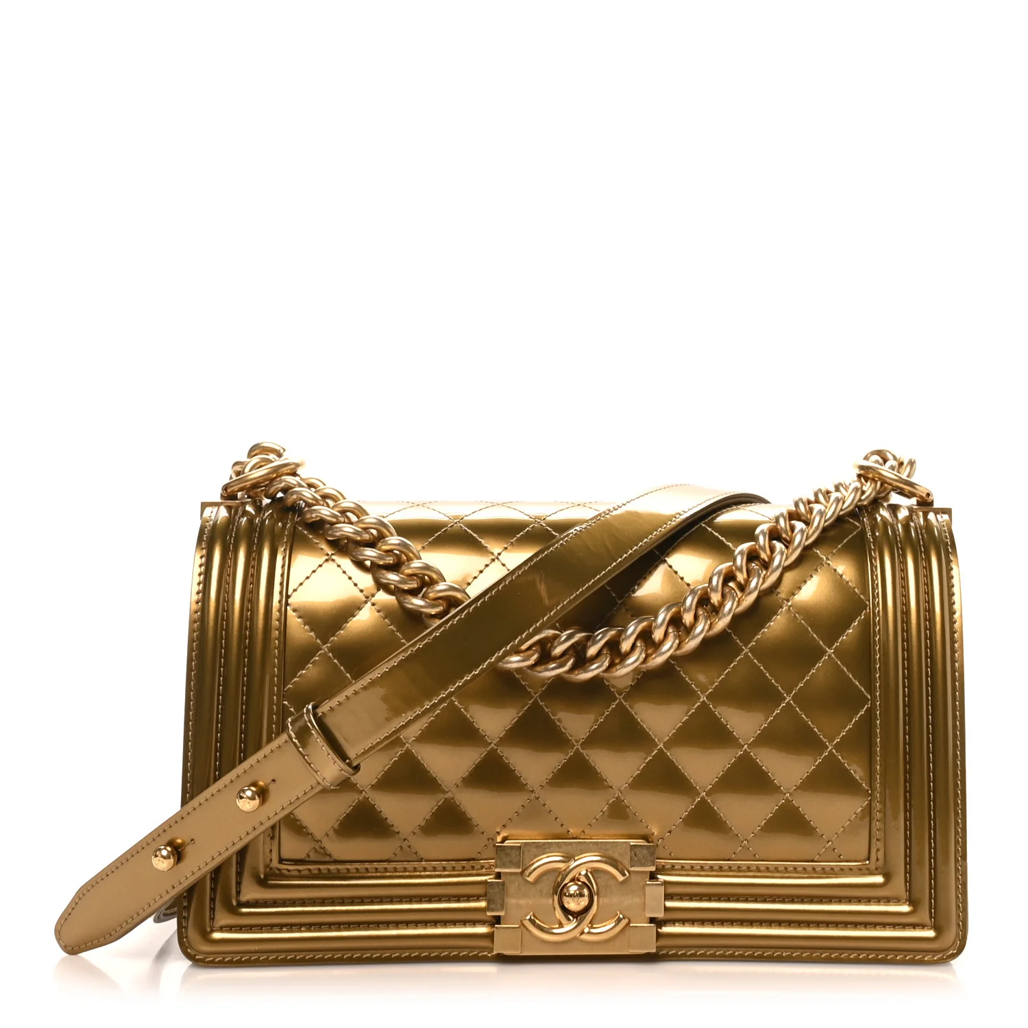 Metallic Patent Calfskin Quilted Medium Boy Flap Gold