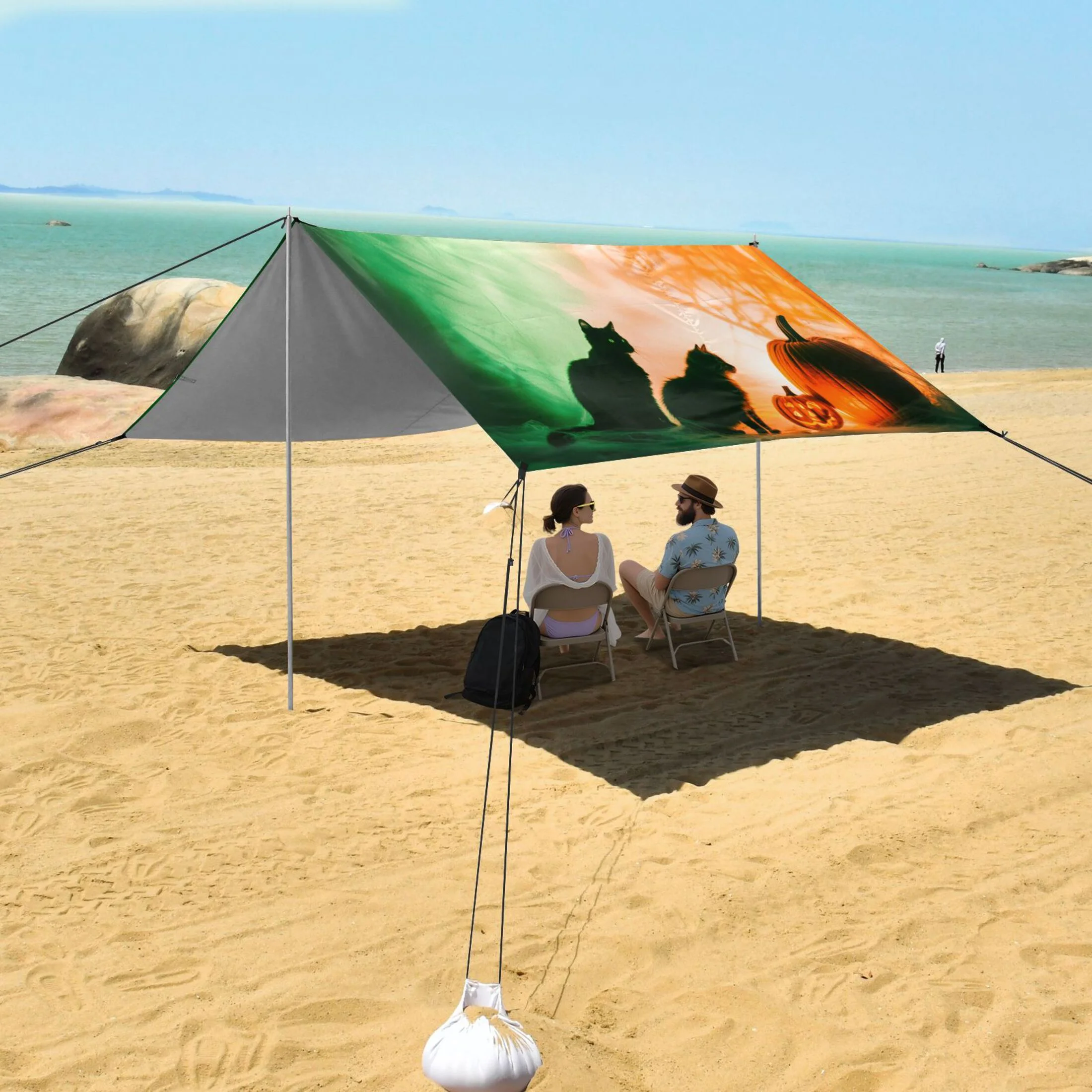 Beach Tent Beach Canopy 9.2x10.5Ft Beach Tent Sun Shelter Outdoor Canopy with Carry Bag for Camping, Backyard and Picnics Black Bat and Cat