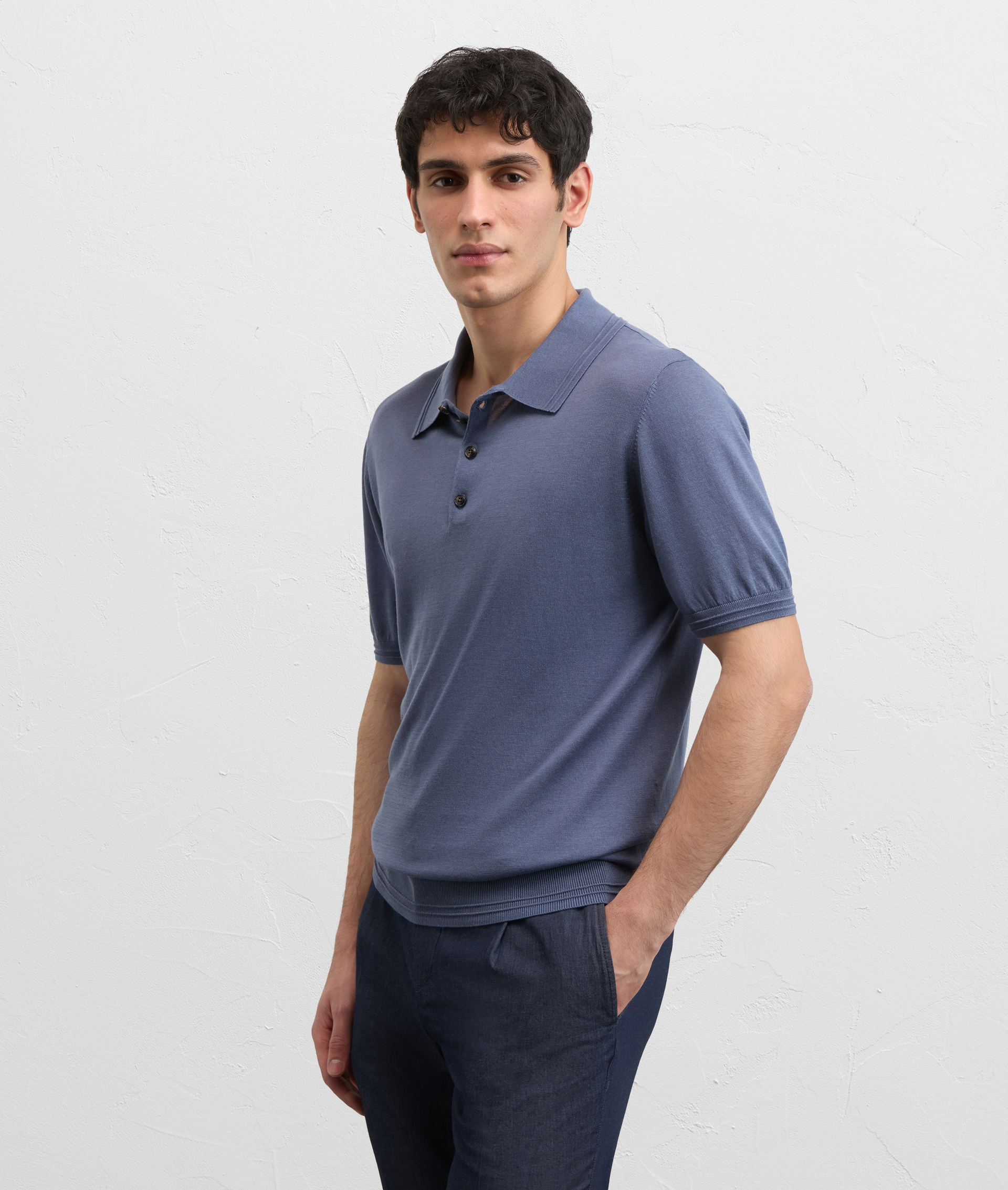 LIGHT BLUE LYOCELL COTTON AND SILK KNITTED SHORT SLEEVED POLO SHIRT