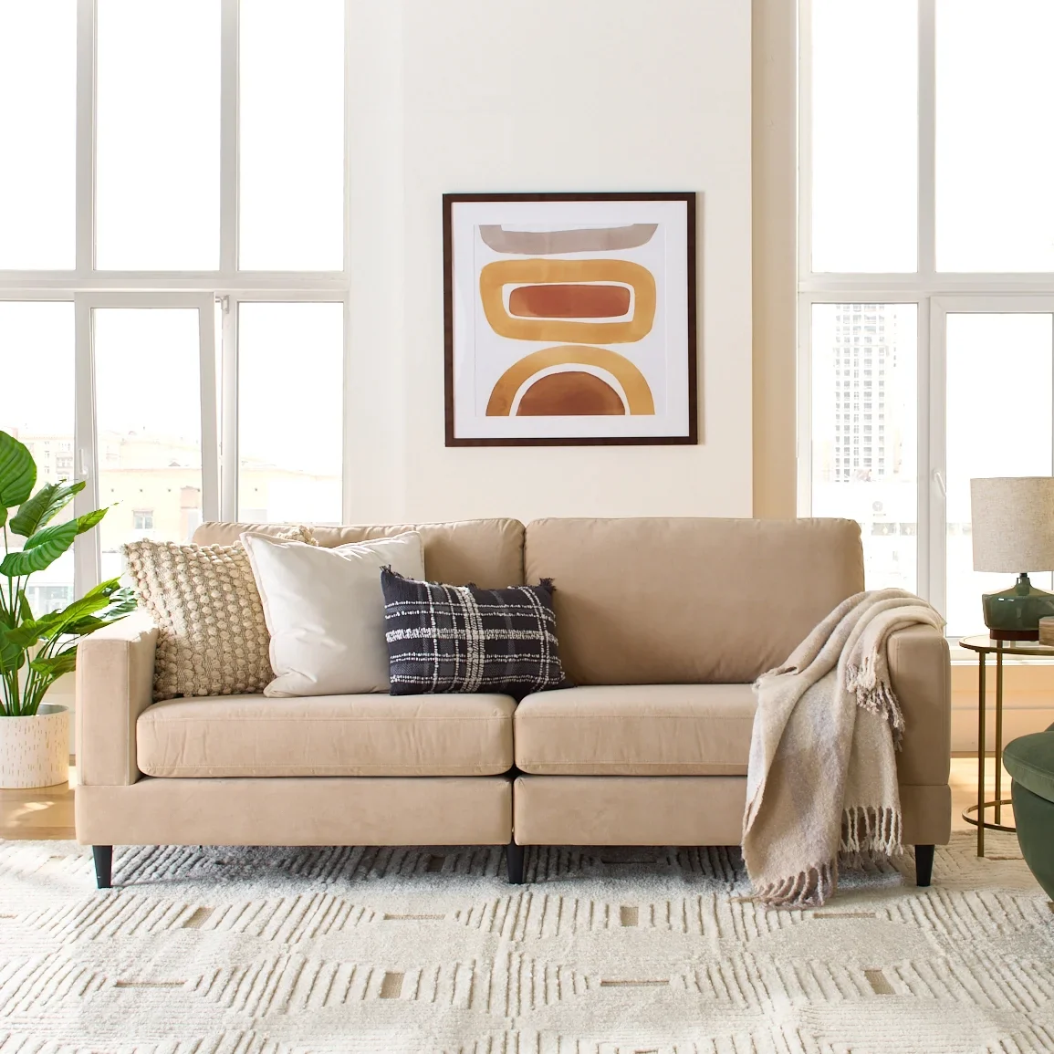 Better Homes & Gardens Springwood Wood Frame 83.46 Couch, Beige Velvet