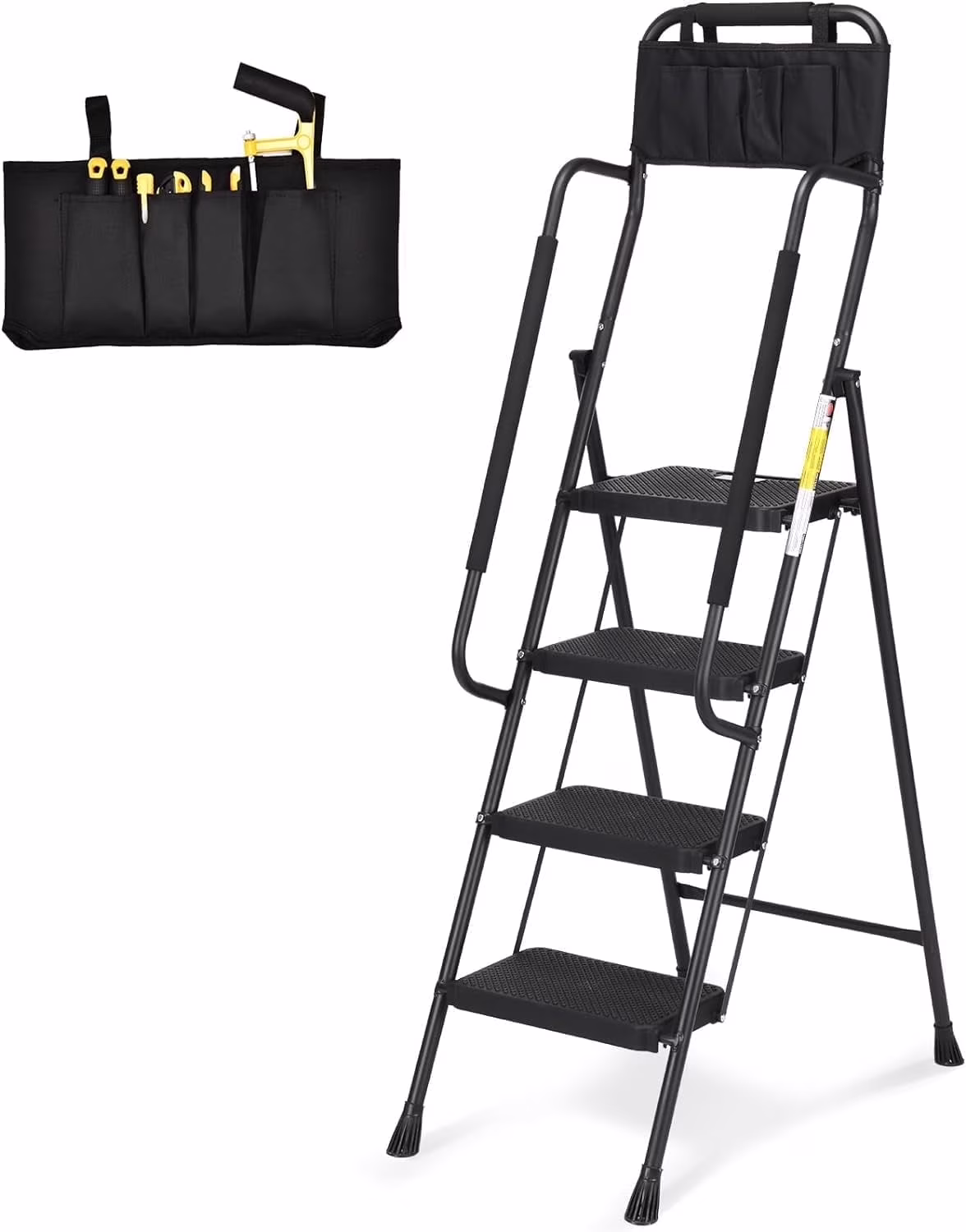 HBTower 4 Step Ladder with Handrails and Tool Bag, Folding Step Stool with Attachable Anti-Slip Wide Pedal, Black