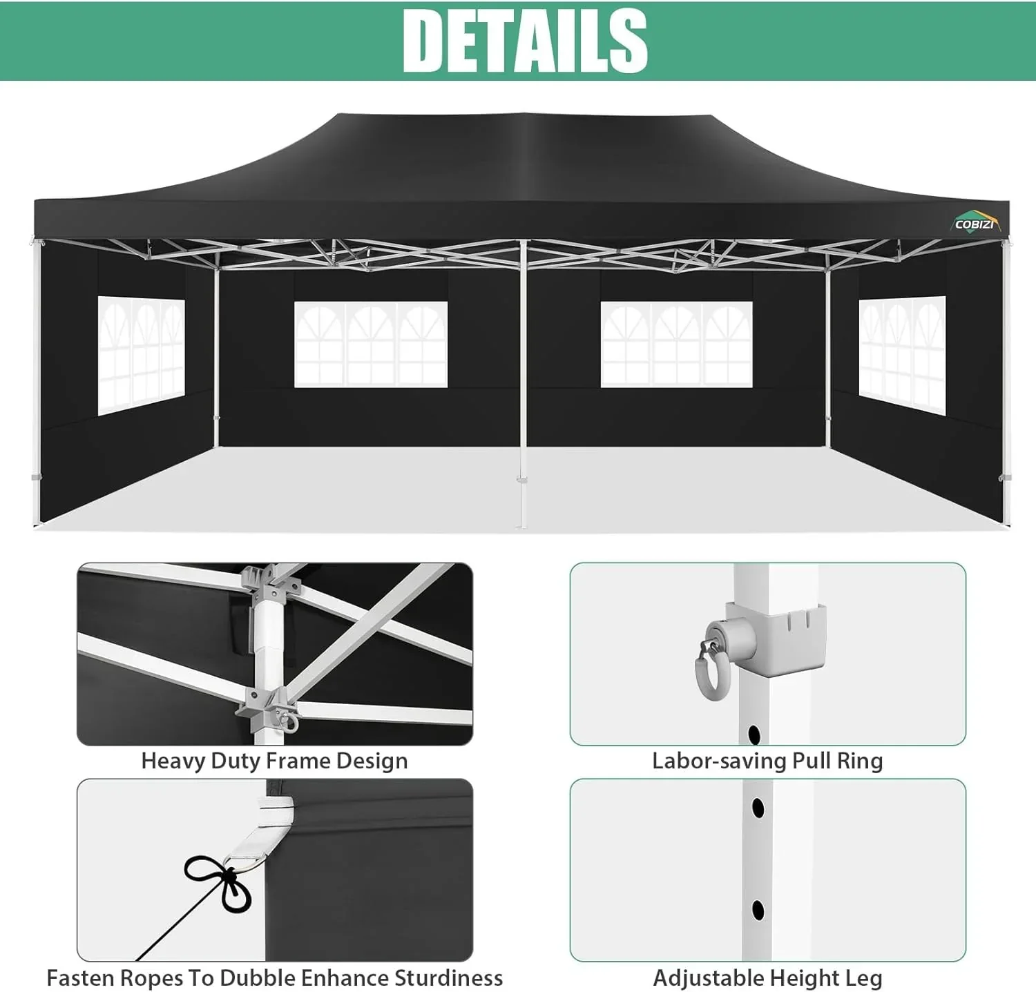 Tente pliante robuste COBIZI 10x20, 6 parois latérales, pour événements commerciaux, mariages et réceptions