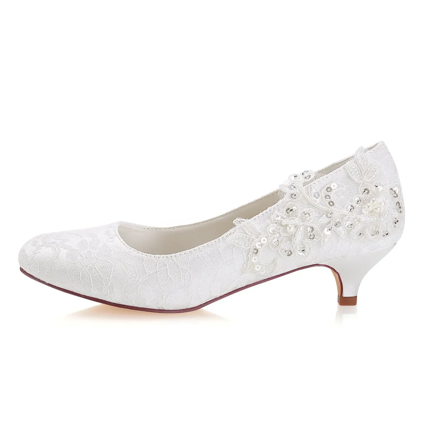 Fashion Ivory Low Heels Rhinestone Wedding Shoes with Lace Appliques L-923