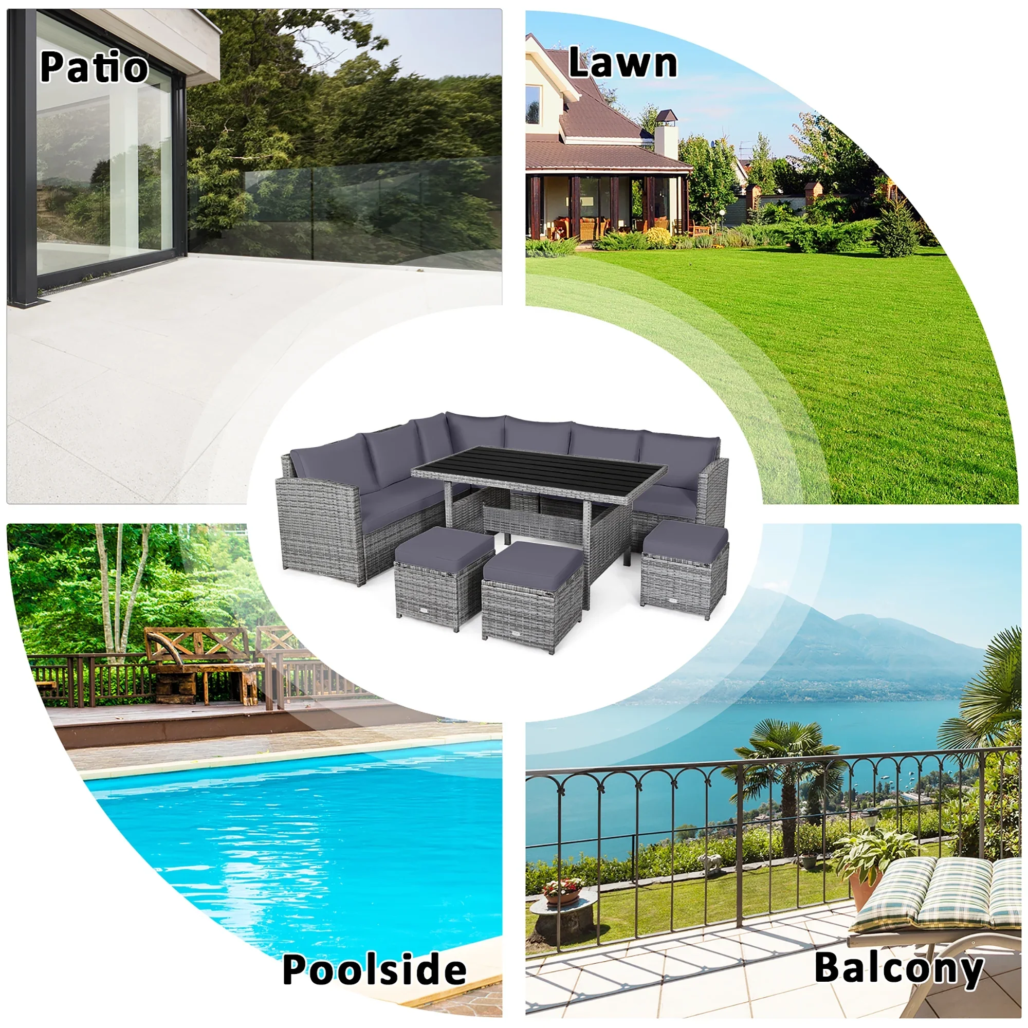 Costway 7 PCS Patio Rattan Dining Set Sectional Sofa Couch Ottoman Garden Red