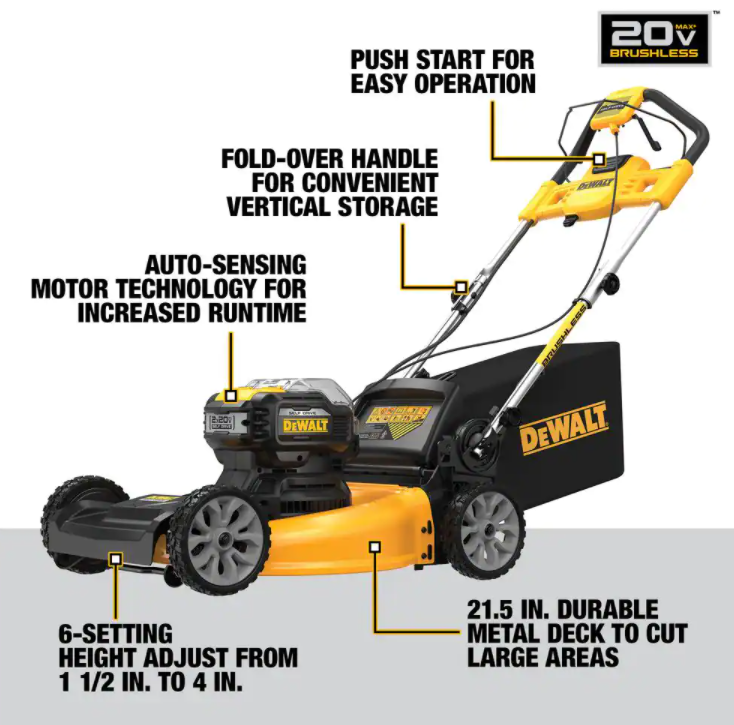 Tondeuse autotractée sans fil DEWALT 21,5 po, 20 volts MAX, batterie lithium-ion, à pousser