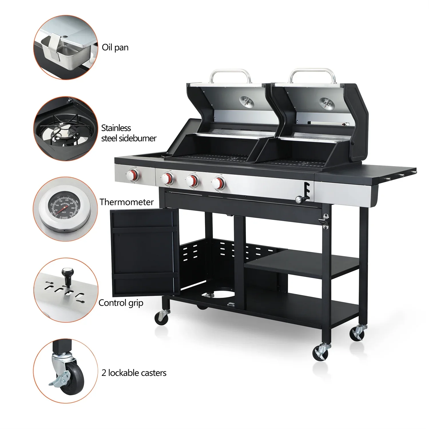 HighSound 3 Burner BBQ Propane Gas Grill, Stainless Steel 25650 BTU Patio Garden Barbecue Grill with Wire Enamel Cooking Grids & Foldable Shelves, Black