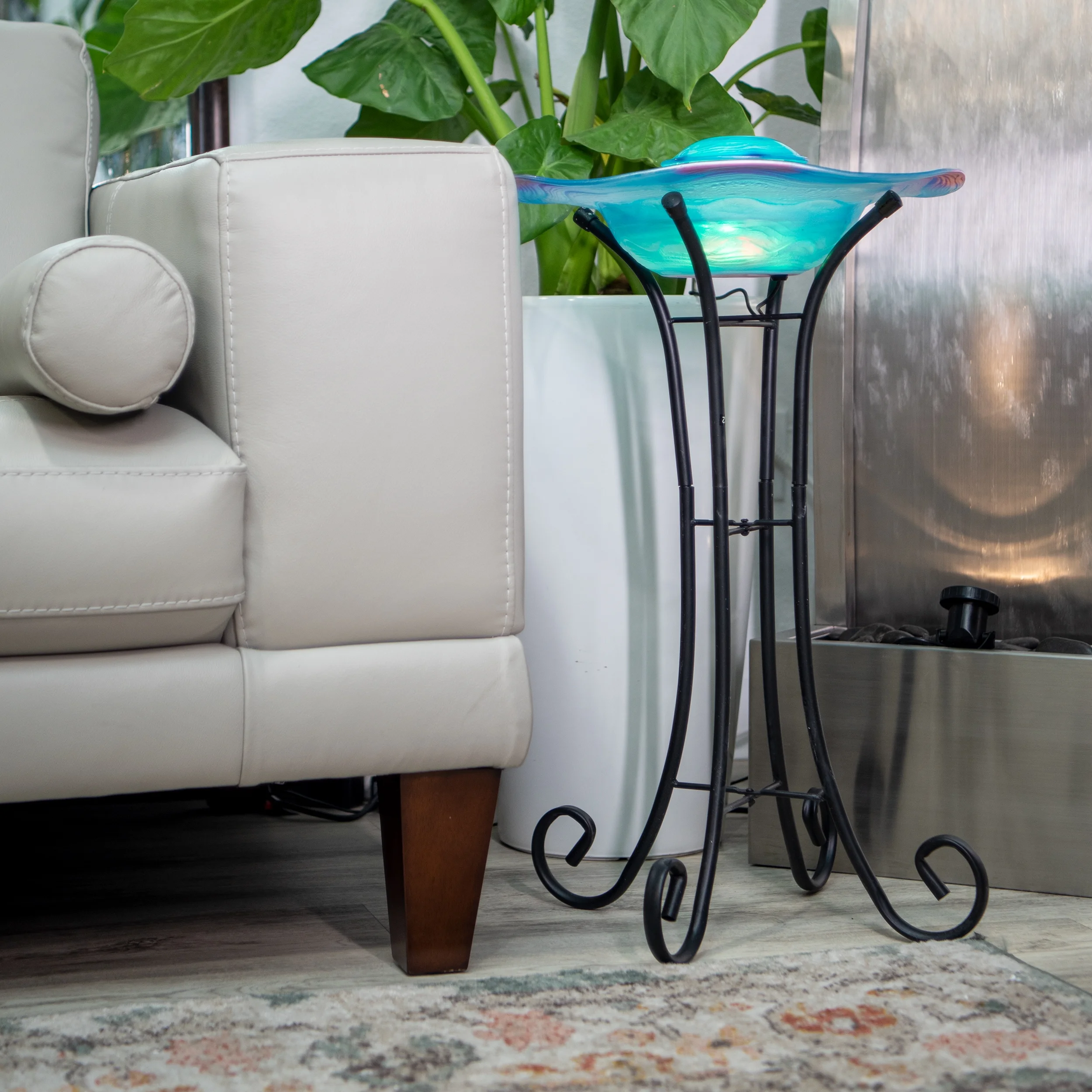 27in Tall Floor Mist Fountain with 12 Color Changing LED Lights and Inline Control Blue Glass and Metal Design, Blue Freestanding Mist Fountain, Indoor Mist Fountain - Image 3