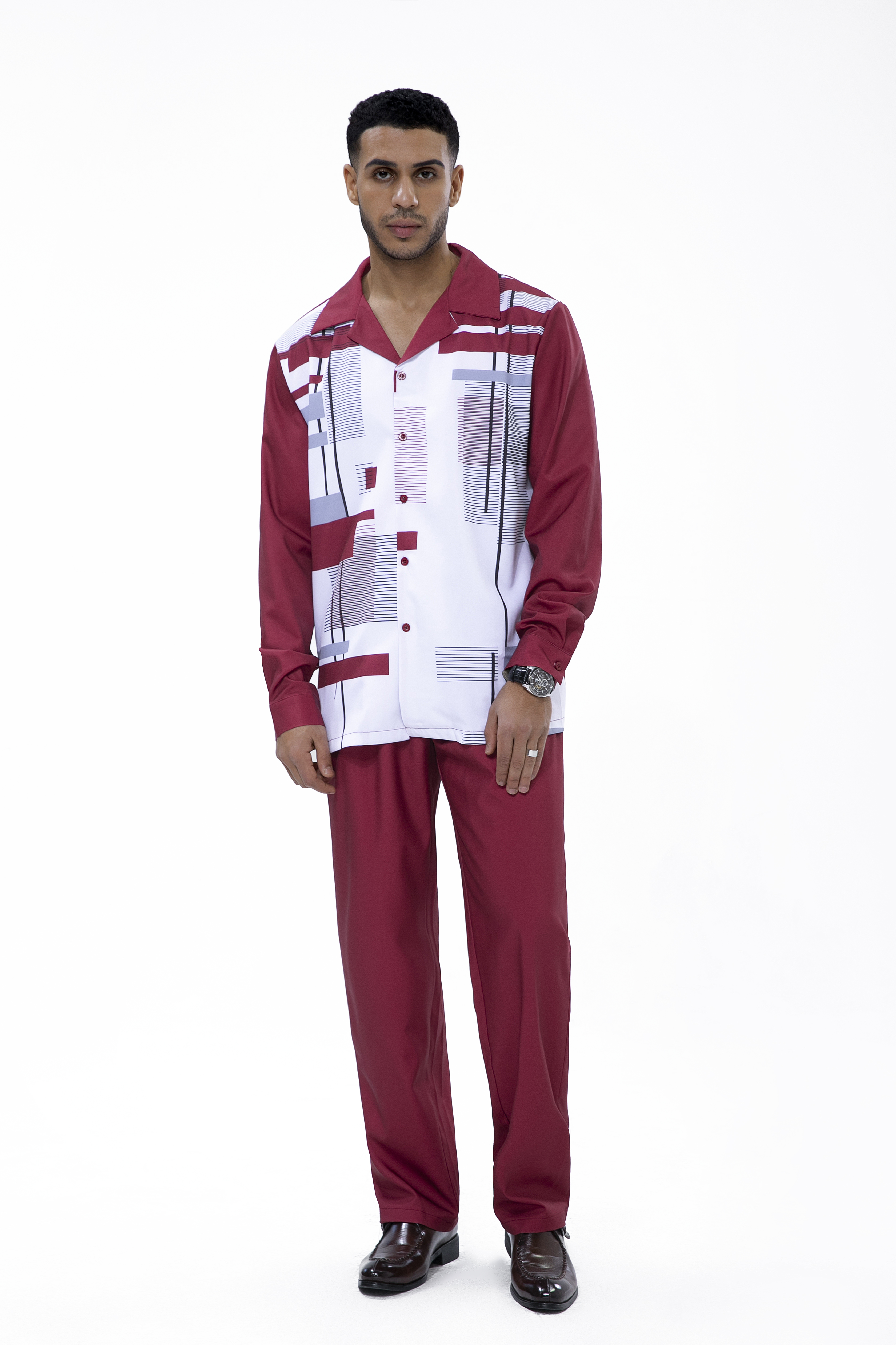 Ensemble de costume de marche 2 pièces à manches longues Suitmens bordeaux à imprimé géométrique