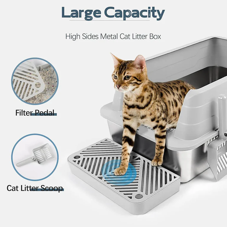 Stainless Steel ABS Combined Cat Litter Box Fully Enclosed Dual Access Design Ventilated Top Matching Litter Scoop for Home Pet
