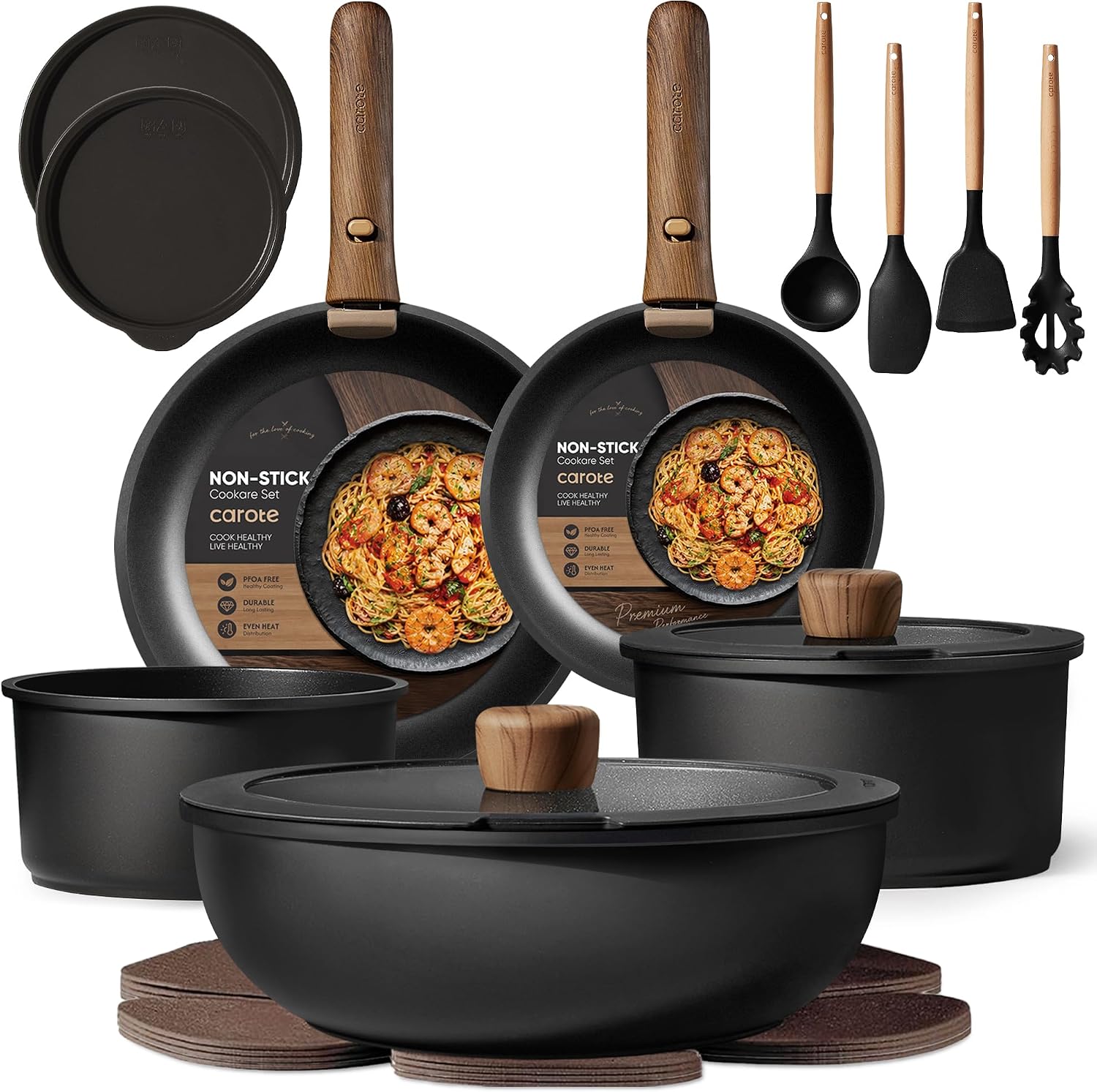 CAROTE 19pcs Pots and Pans Set Non Stick, Detachable Handle Cookware, Black