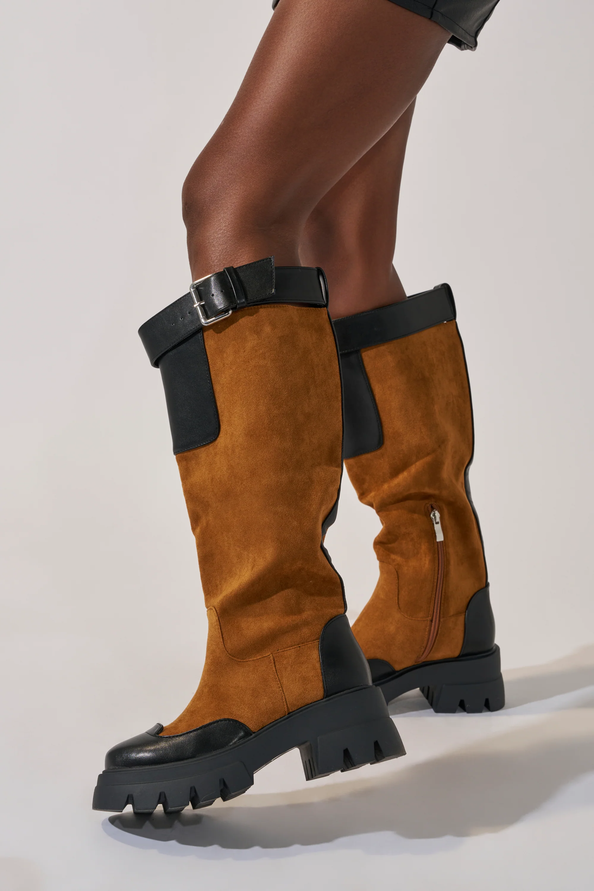 AZALEA WANG DALILA COLOR BLOCKED FLATFORM BOOT IN COGNAC - Akira Store
