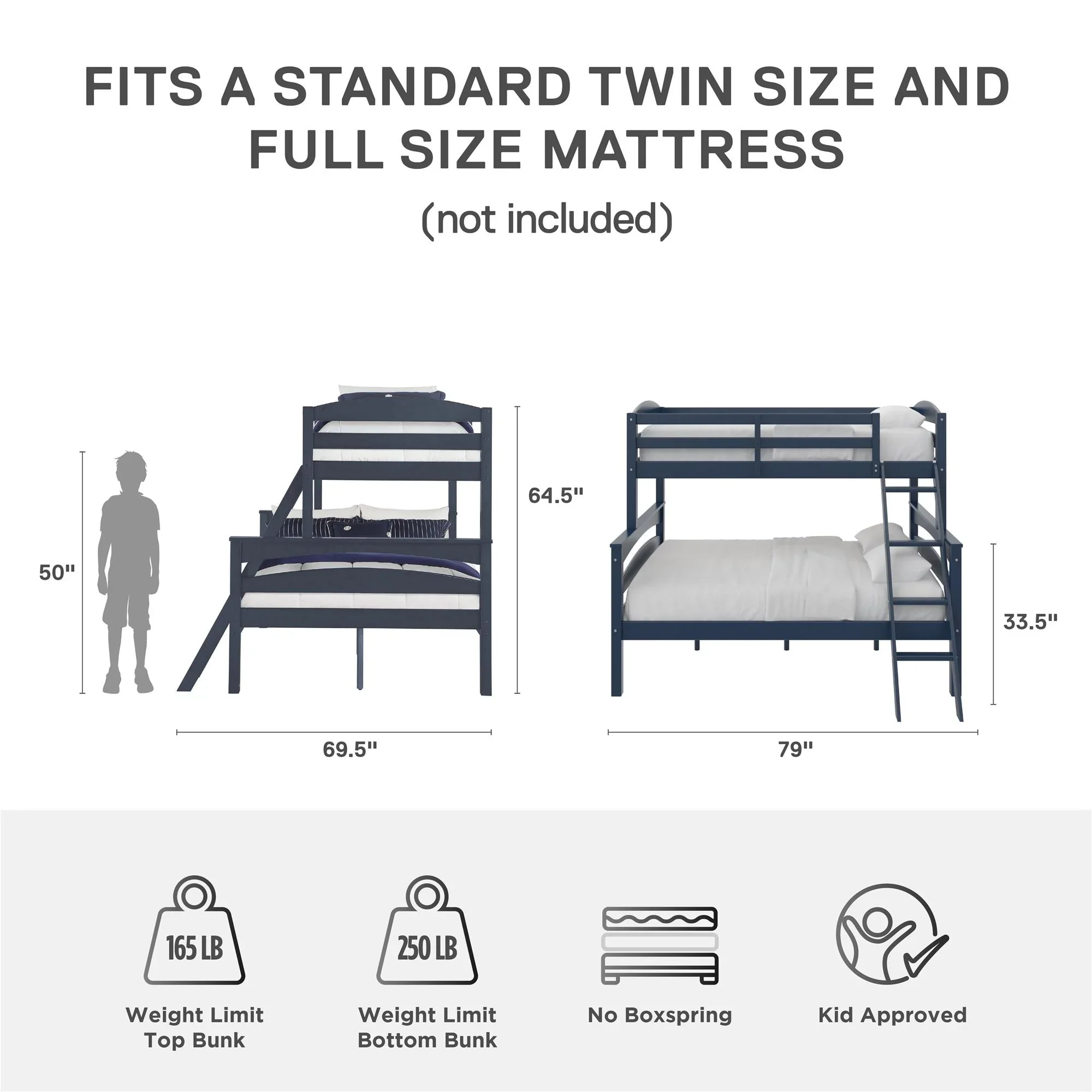 Better Homes & Gardens Leighton Kids' Convertible Twin-Over-Full Bunk Bed, Gray