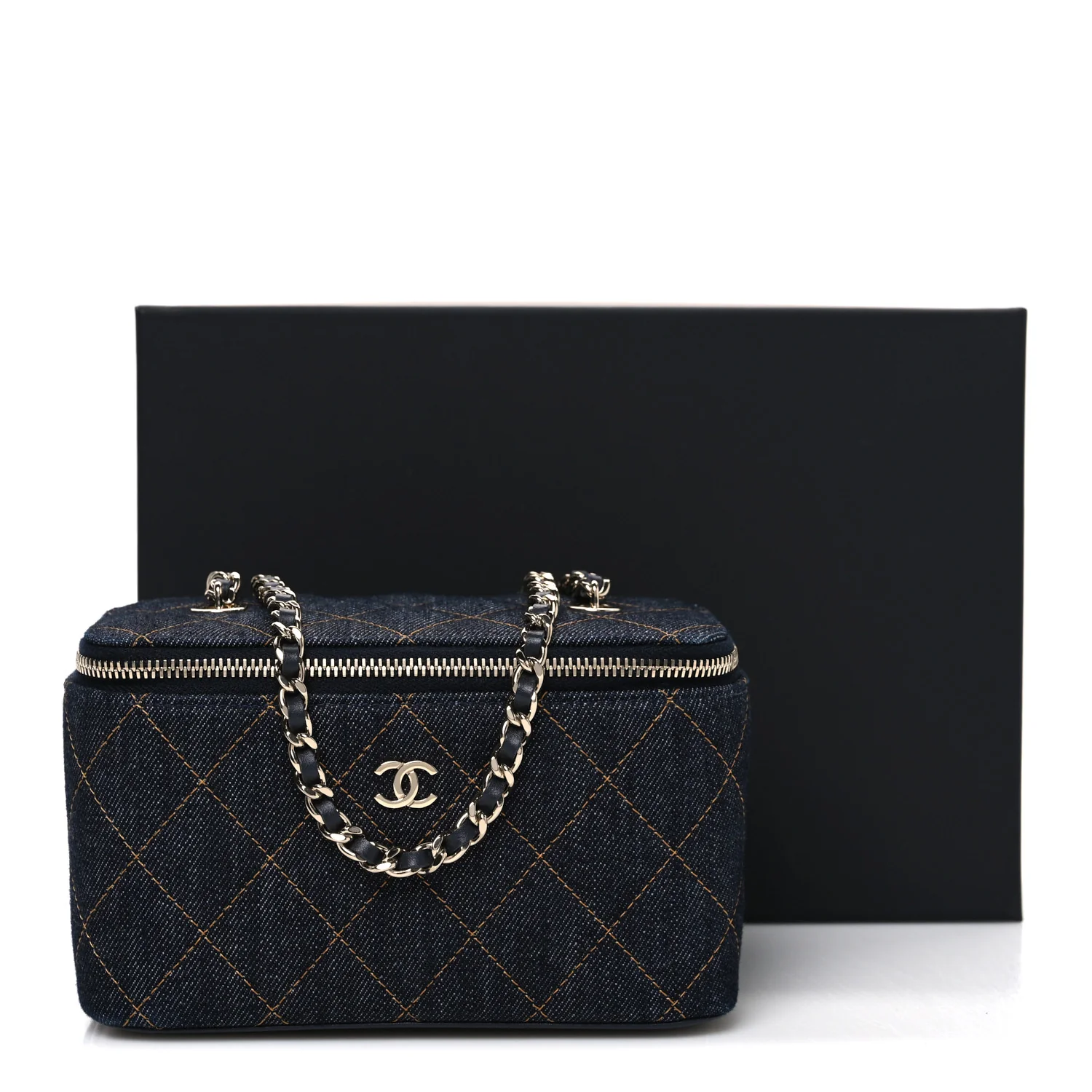 Denim Quilted Vanity Case With Chain Dark Blue Orange