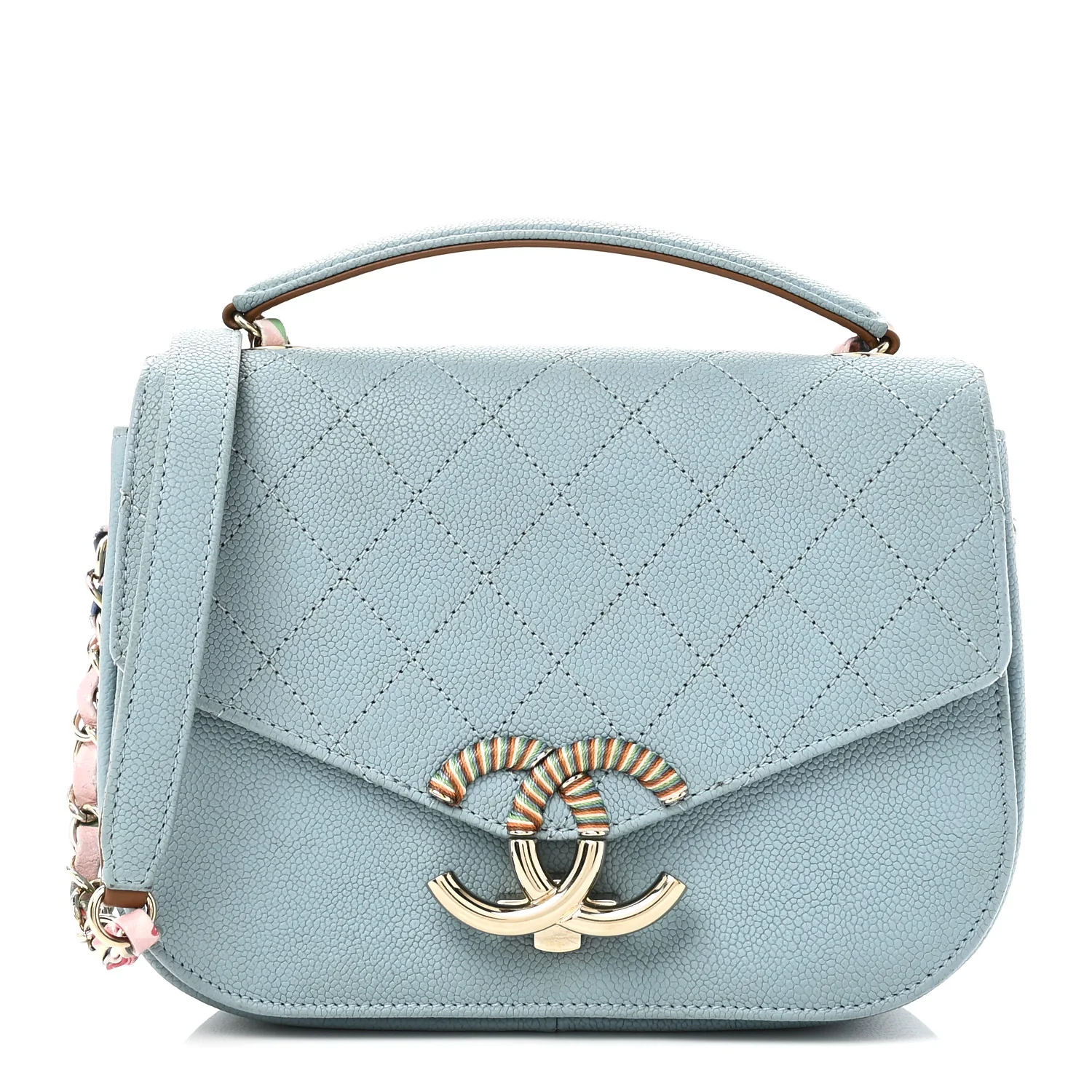 Grained Calfskin Quilted Small Cuba Top Handle Flap Blue