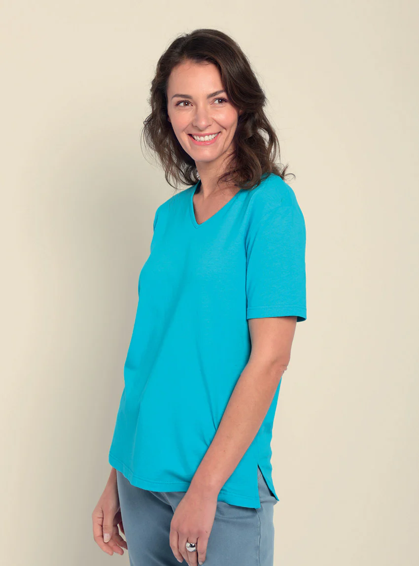 Tee-shirt femme en coton et lin bleu turquoise