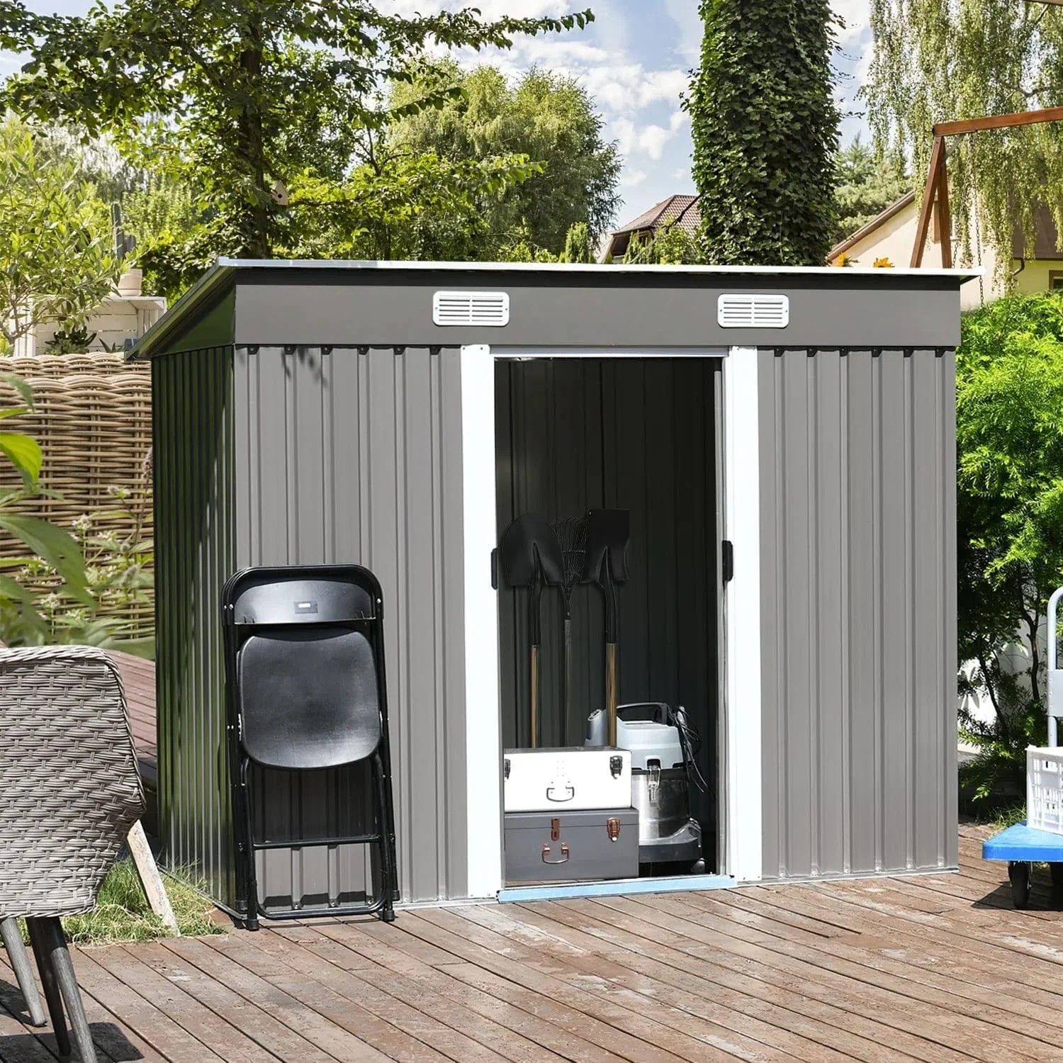 8 x 4 FT Outdoor Storage Shed, Metal Outside Sheds & Outdoor Storage with Sliding Doors and Vents, Steel Garden Shed Outdoor Utility Tool Shed with Pent Roof for Backyard Patio Garden Lawn, Grey