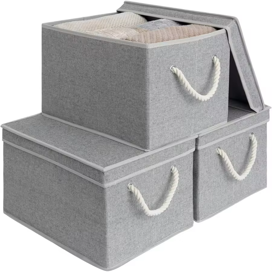 Storage Bins With Lid, Decorative Boxes With Soft Rope Handles, Foldable Baskets, Gray, Large, 3-Pack