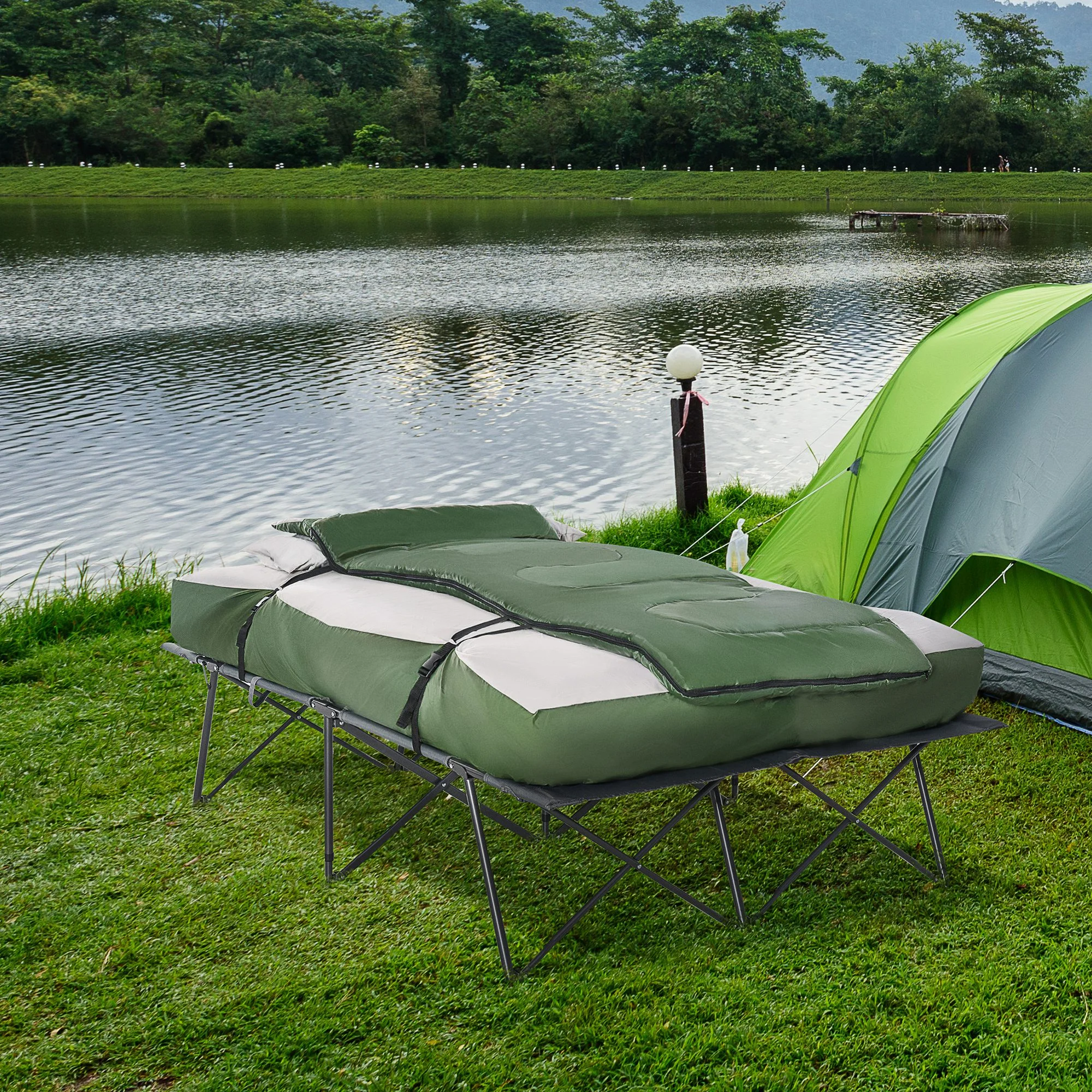 2-Person Folding Camping Cot Portable Outdoor Bed Set with Sleeping Bag, Inflatable Air Mattress, Comfort Pillows and Carry Bag, Soft and Comfortable for Outdoor Travel Camp Beach Vacation - Image 9