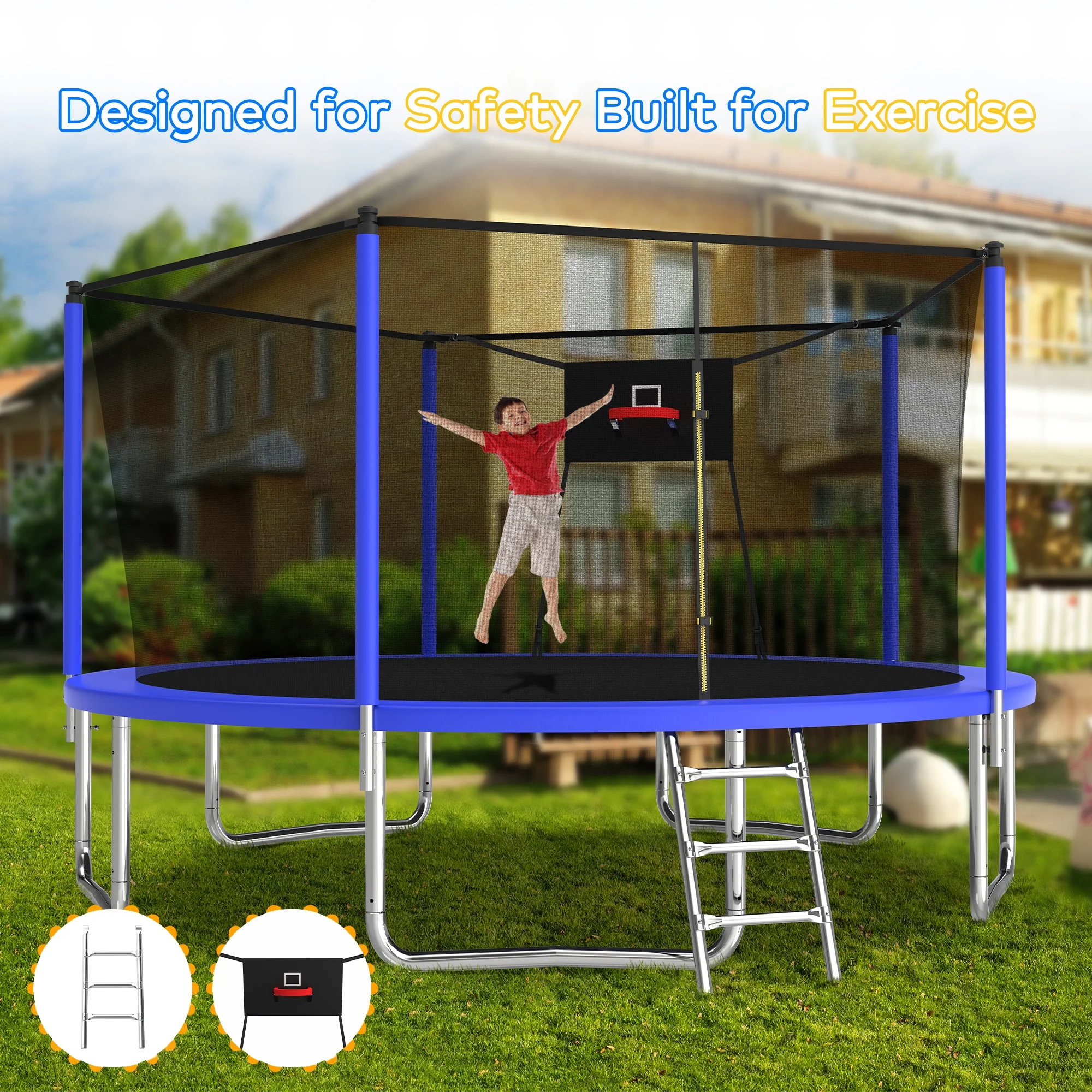14ft Trampoline with Basketball Hoop,Outdoor Trampoline with with Enclosure Net,Blue(Blue) Image 4