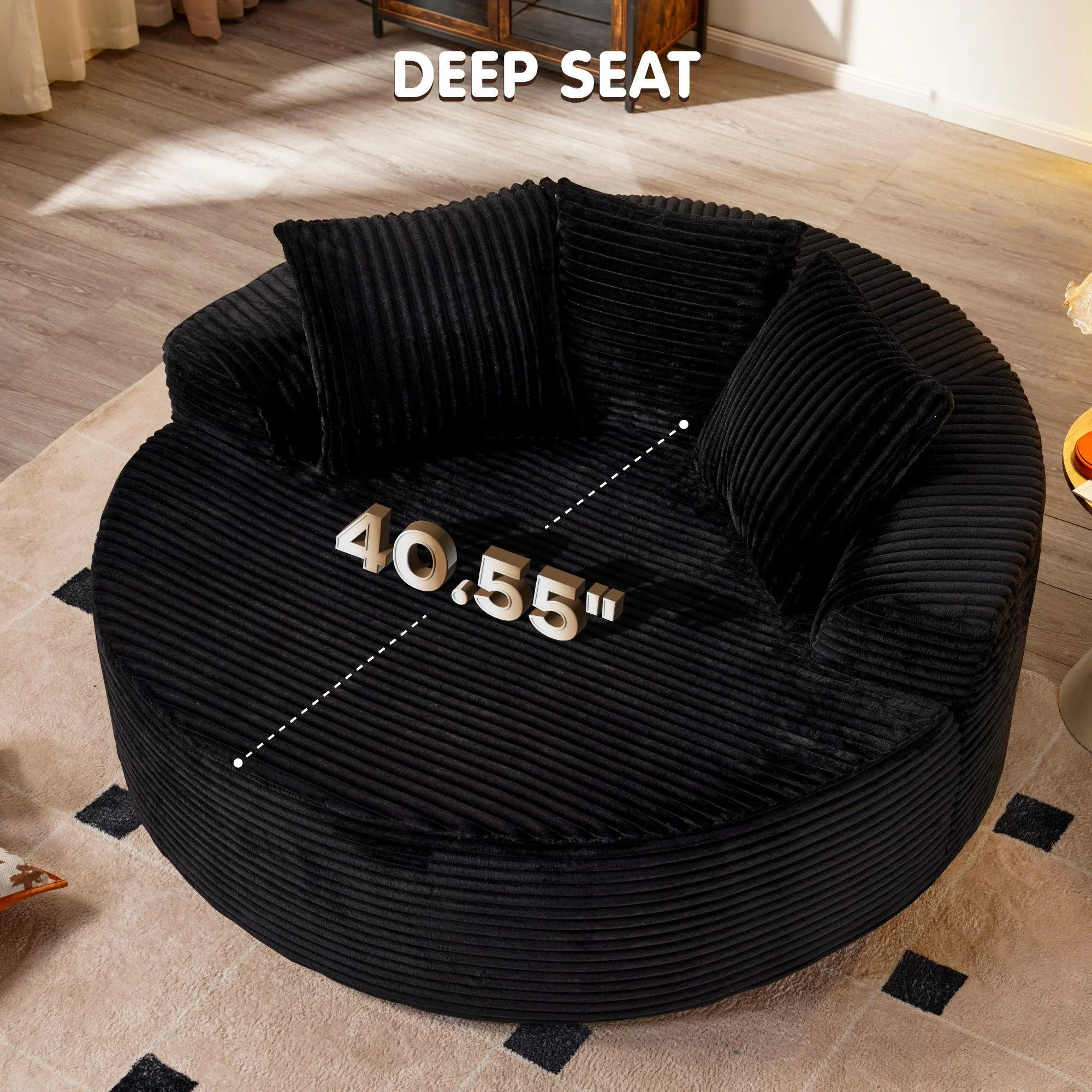 58'' Oversized Chaise Lounge Indoor Chair Modern Cloud Floor Sofa Bed Comfy Upholstered Sleeper Couch Deep Seat Accent Reading Chair for Living Room, Bedroom, No Assembly, Black(Plush Corduroy)(Black (Plush Corduroy)) - Image 7