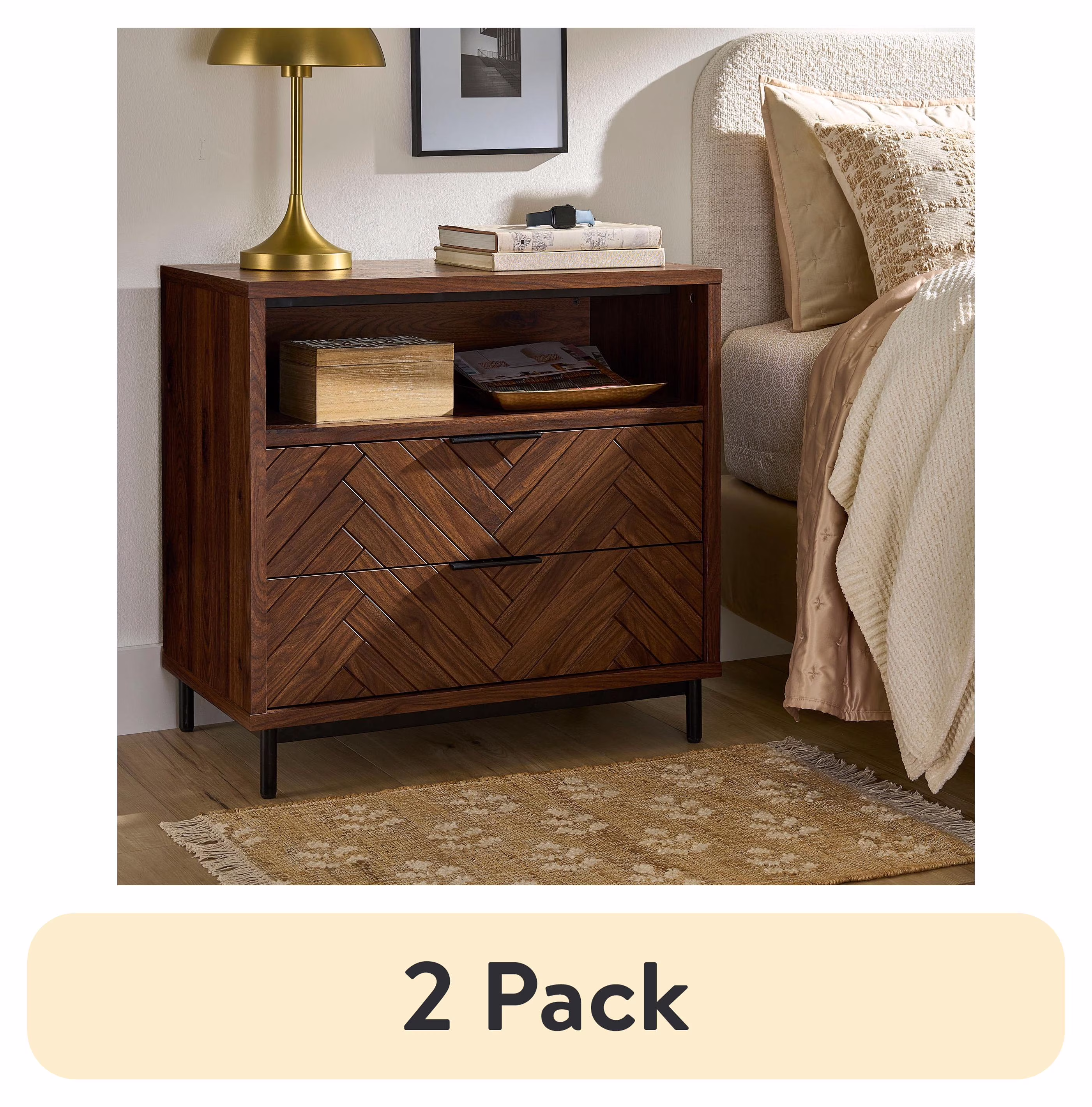 Better Homes & Gardens Wyatt Geo 2-Drawer Nightstand with USB, Walnut Finish