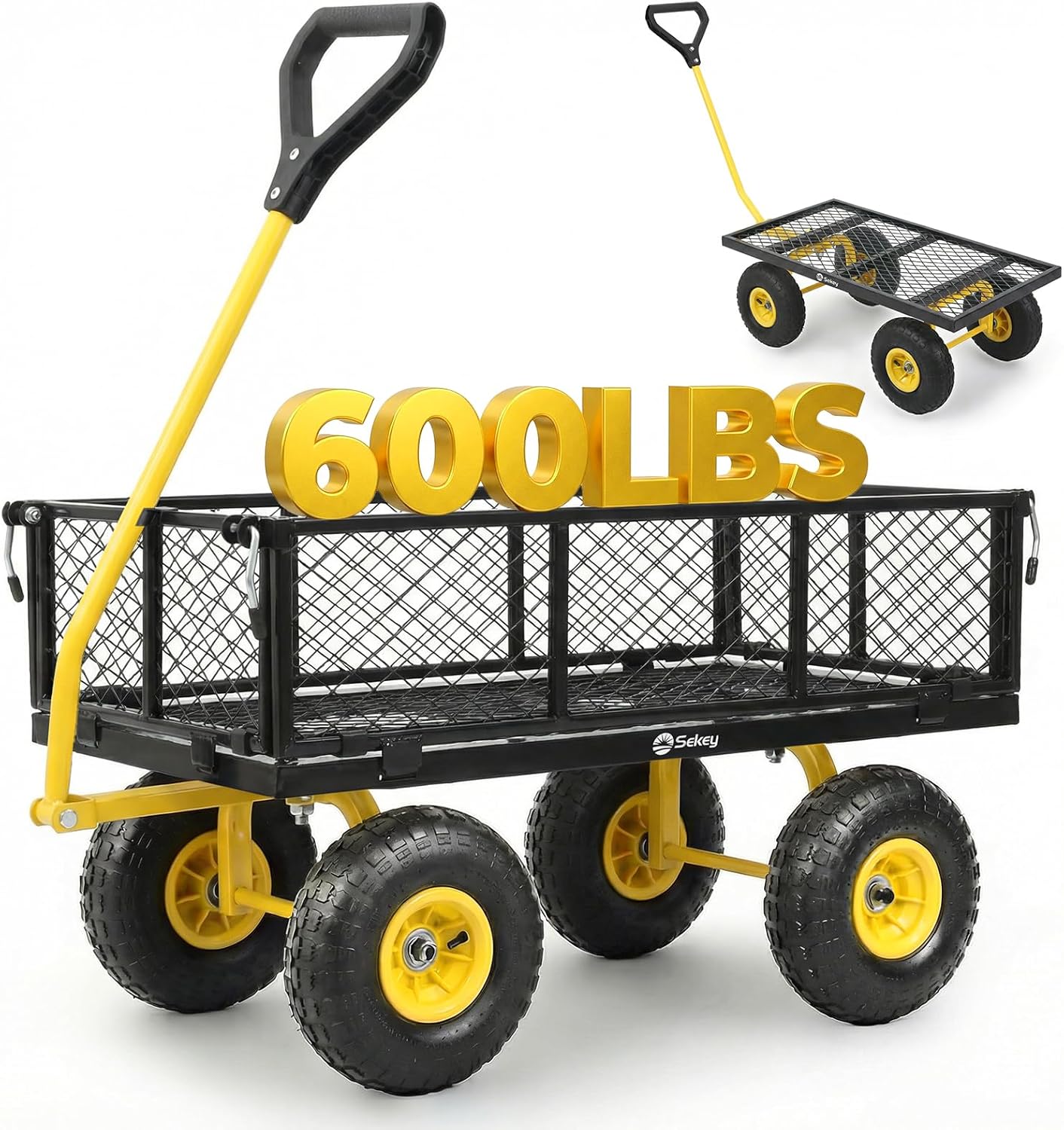 Sekey 600lbs Steel Mesh Garden Cart for Patio & Backyard, Utility Wagon with Removable Sides (Convertible Flatbed), 10