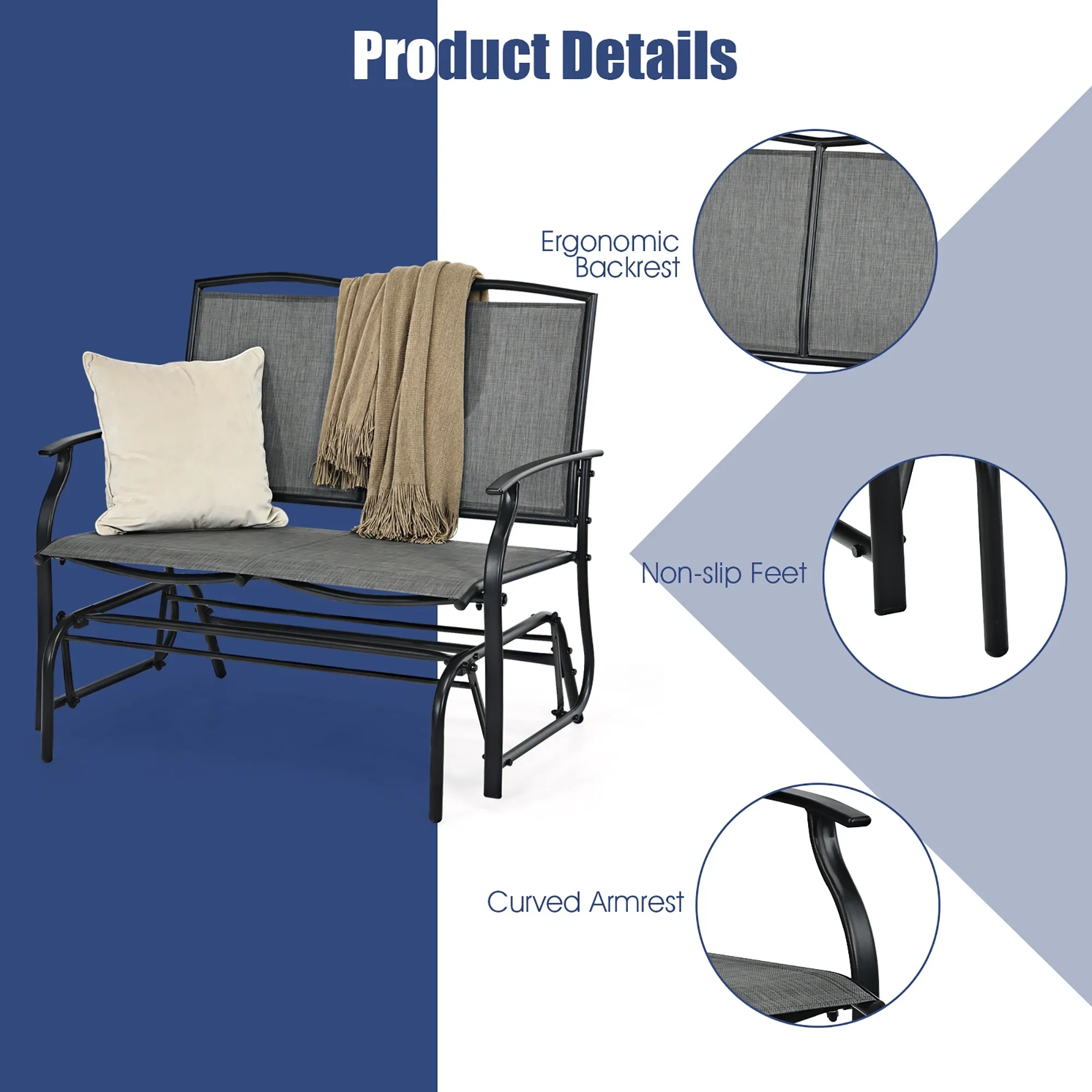 Costway Patio Glider Rocking Bench Double 2 Person Chair Loveseat Garden Black