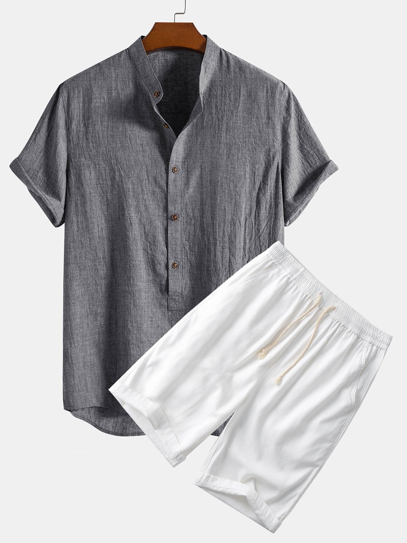 Chemise à manches courtes, demi-boutonnage, col Henley et short en lin et coton mélangés (28 cm).