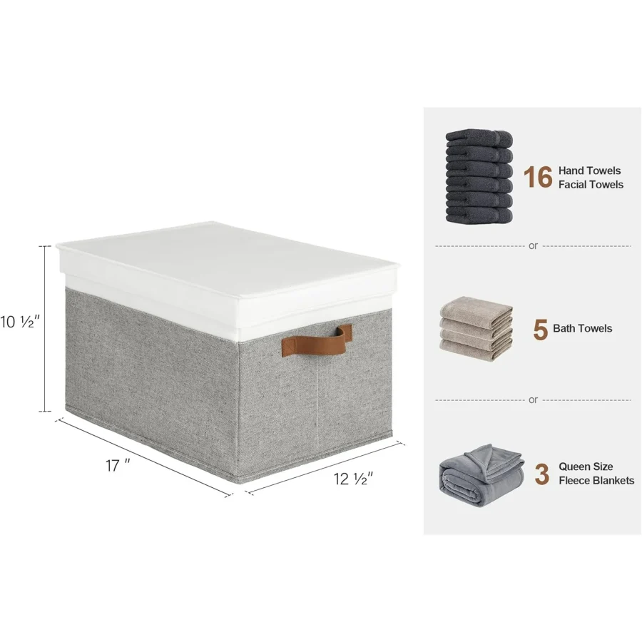 Storage Bins With Lid, Decorative Boxes With Soft Rope Handles, Foldable Baskets, Gray, Large, 3-Pack