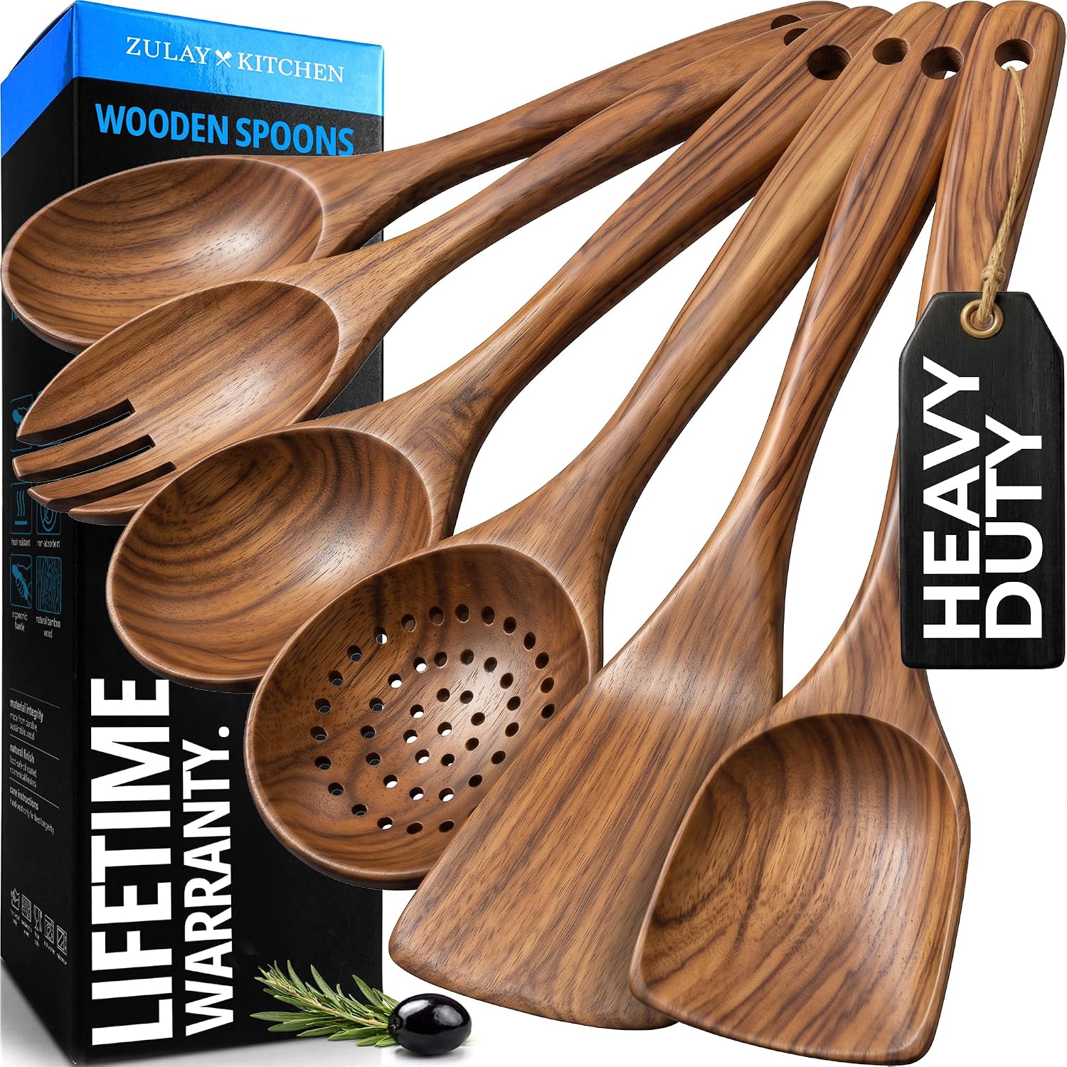 Zulay Kitchen 6 Piece Wooden Spoons for Cooking – Natural Teak Wooden Utensil Set, Easy to Clean, Durable, Smooth with Comfort Grip - Non Toxic Wooden Cooking Utensil Sets