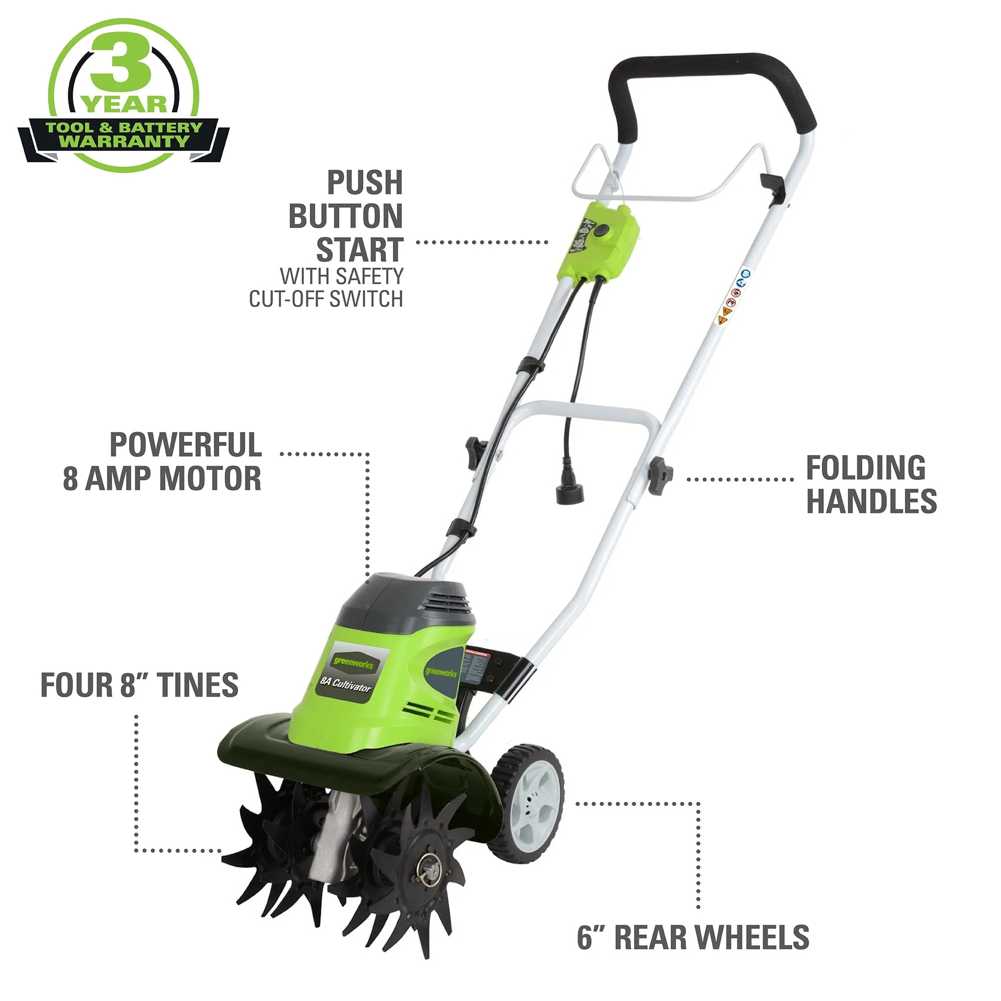 Greenworks 8 Amp 10 - Inch Corded Electric Cultivator/Tiller, 27072