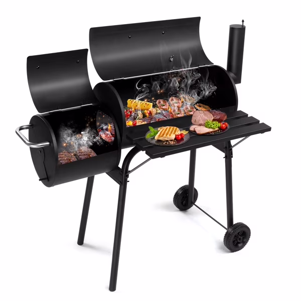 Barrel Charcoal Grill with Offset Smoker, Heavy - Duty Metal, Large Cooking Area, Mobile with Wheels for Backyard/Patio Gatherings