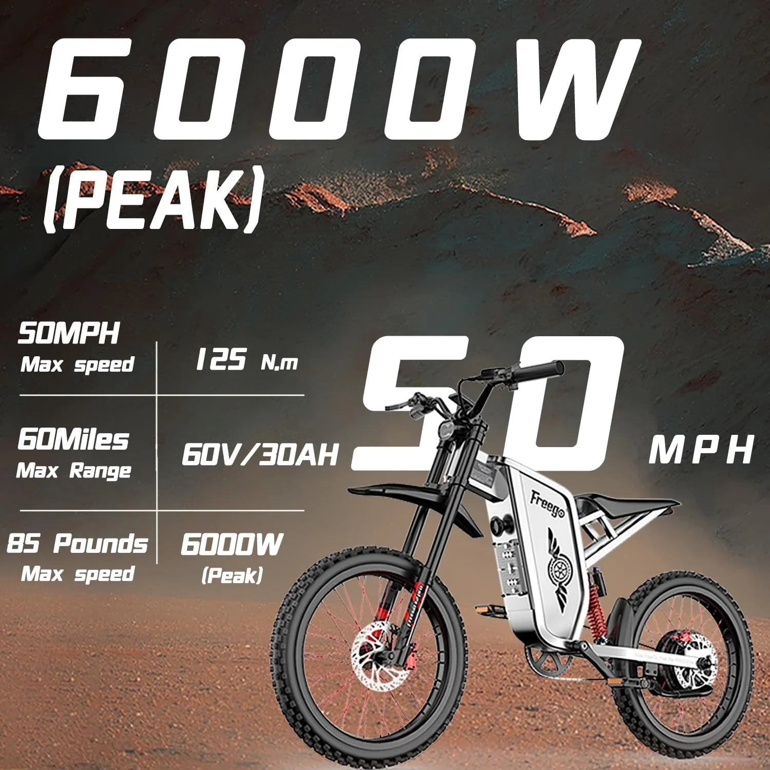 50MPH Freego X2pro Electric Motorcycle for Adults 6000W(Peak) Motor 60V 30ah Battery Electric Bicycle Full Suspension Ebike