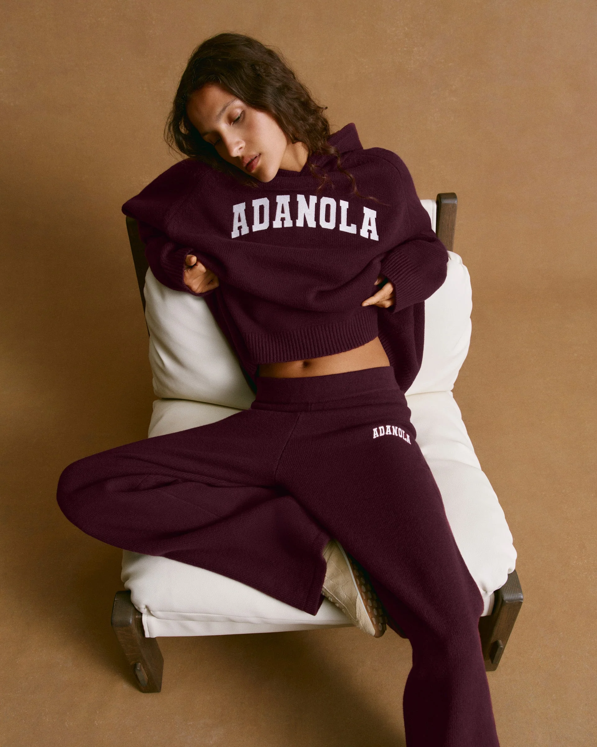 Varsity Oversized Knit Hoodie - Dark Cherry/Marshmallow White