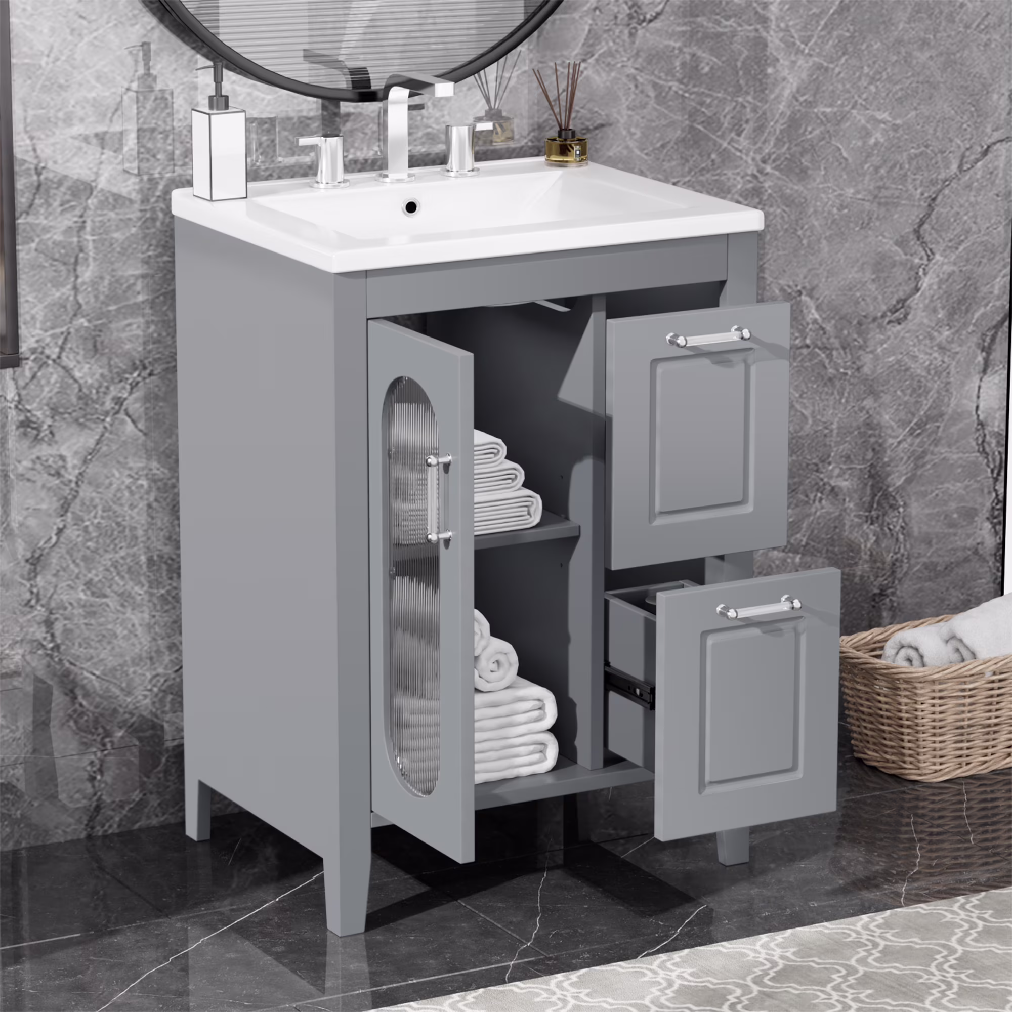 24" Bathroom Vanity with Ceramic Sink, Solid Wood Bathroom Makeup Cabinet with Door, Adjustable Shelf and 2 Drawer, Free Standing Single Basin Vanity Set for Small Bathroom, White(White) - Image 3