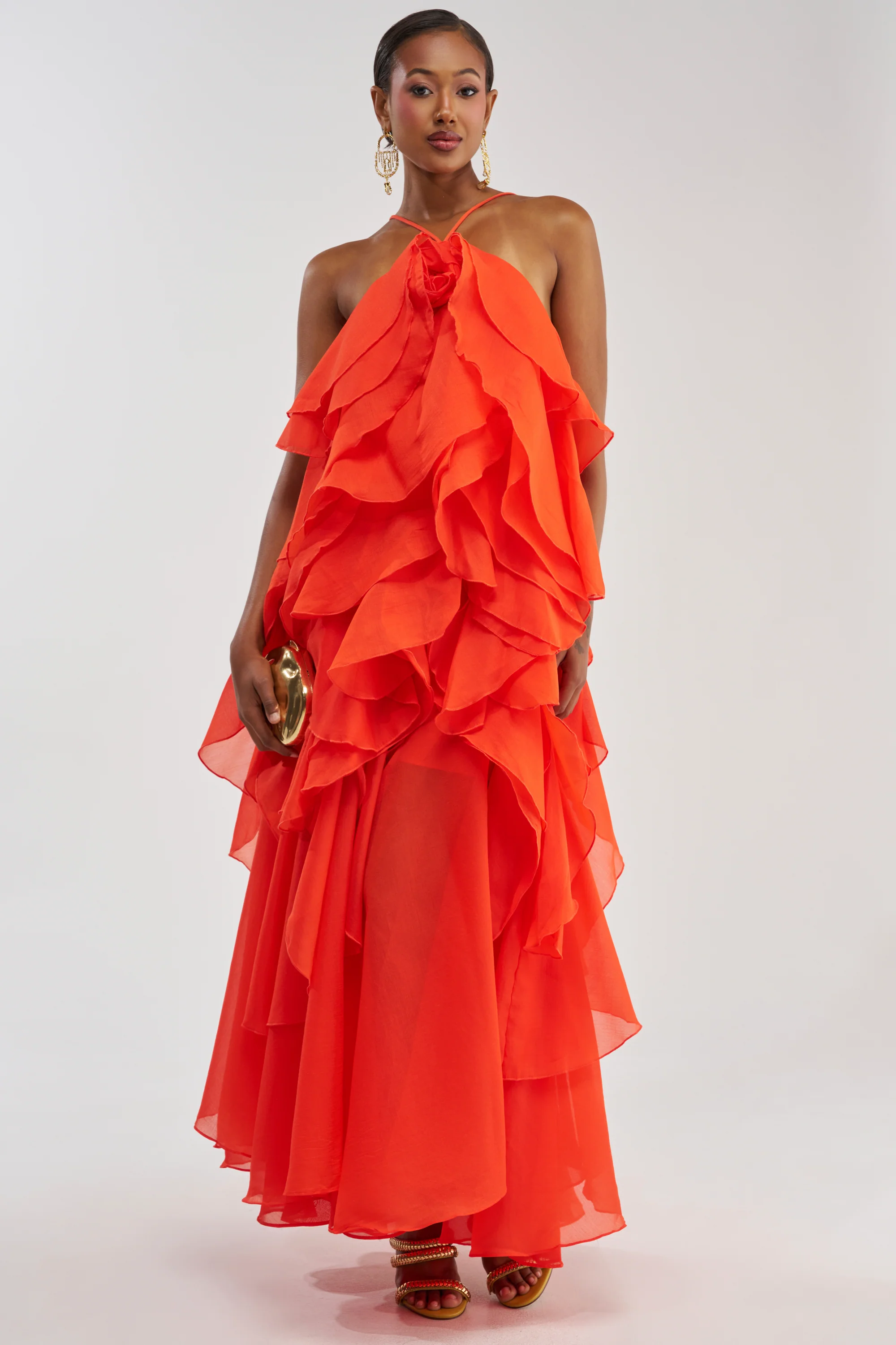 GOLDEN HOUR FLORAL CHIFFON MAXI DRESS IN ORANGE - Akira Store