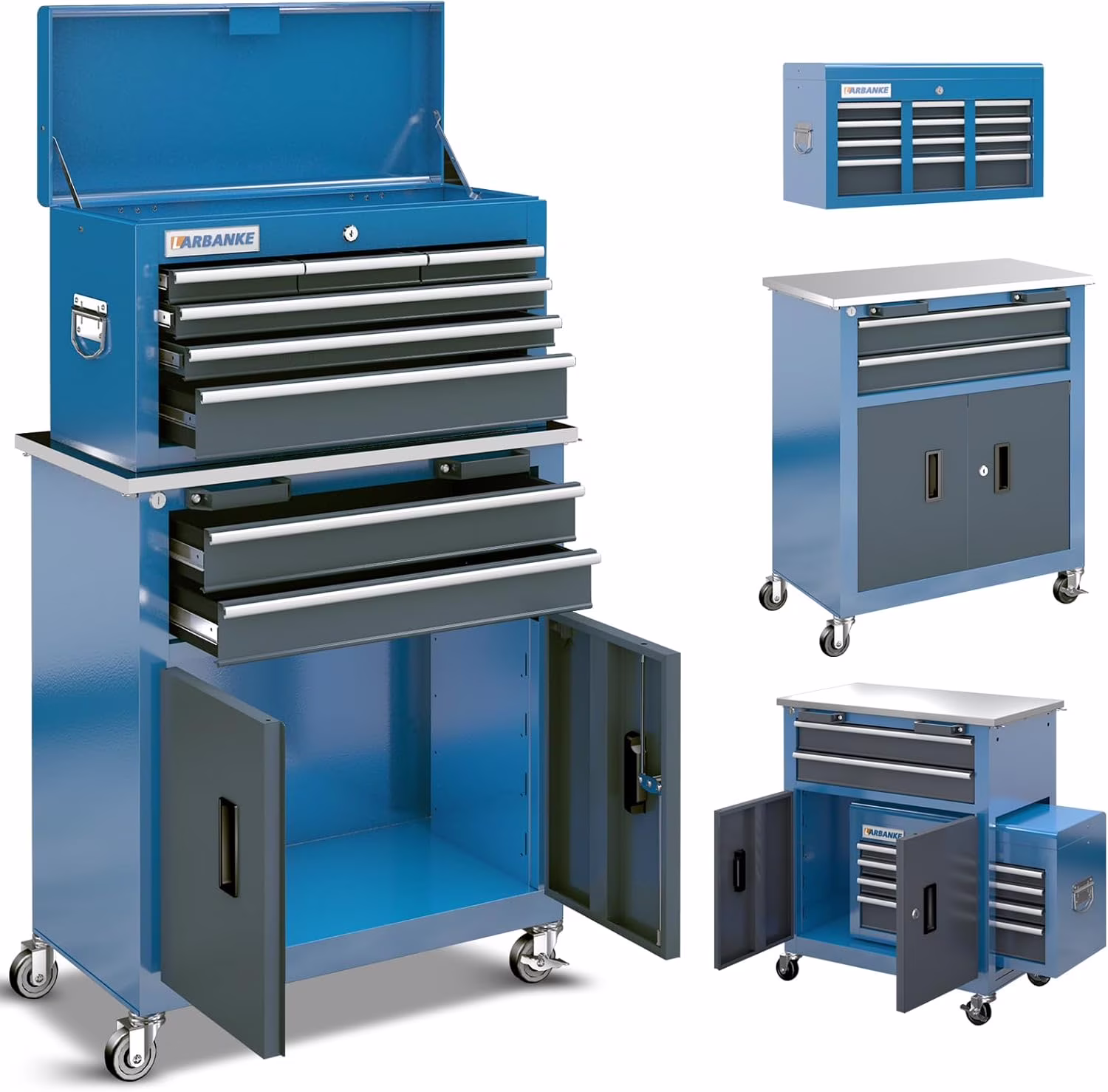 8-Drawer Rolling Tool Chest with Wheels and Door, Sliding Drawer, Stainless Steel Countertop, Large Workbench Forming Tool Chest for Garage Workshop