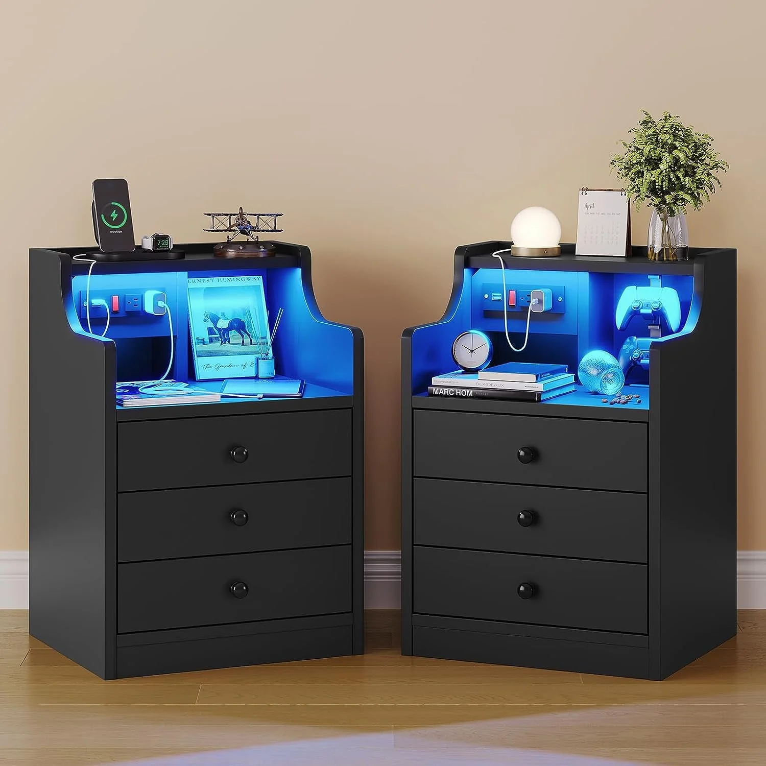 Nightstand with 3 Drawers and Shelves,Night Stand with LED Lights and USB Port Charging Station,LED Bedside Table with Hutch,Black(Black) - Image 9