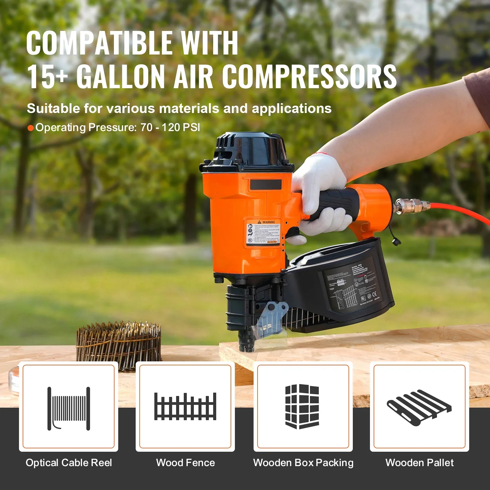 KFFKFF Pneumatic Coil Siding Nailer MCN70, Compatible with 1-3/4 to 2-3/4 Nails, 15 Degree Angle, 70-120PSI, Ideal for Pallets, Crates, Frames, Siding & Fences