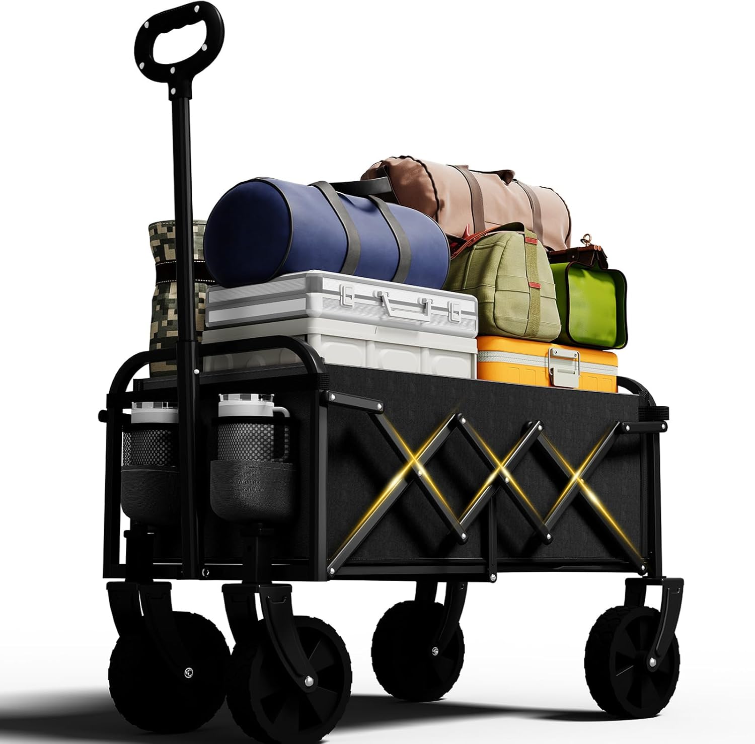 Foldable Wagon, Collapsible Wagon with Wheels, Small Cart with Flexible Handle, Portable Utility Wagon for Grocery Shopping, Camping, Garden, Sports, Black