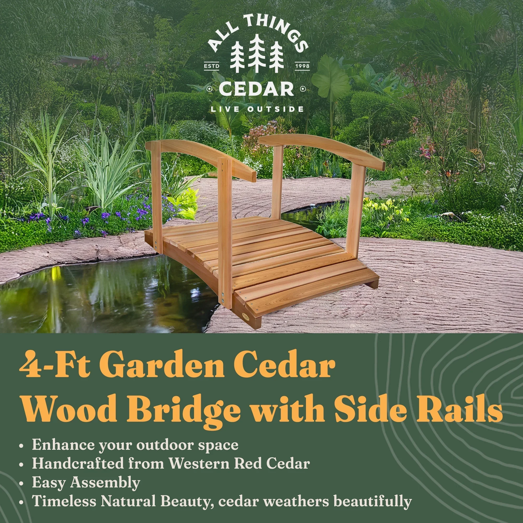 All Things Cedar FB36-R 3-ft Cedar Wood Garden Bridge | Side Rails - 36L x 29W x 7H