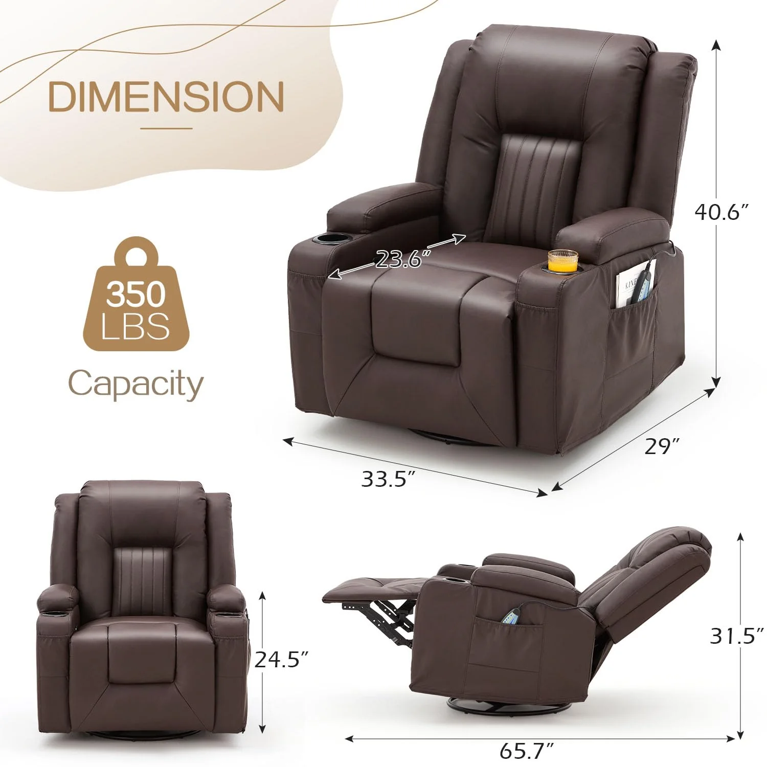 AECOJOY Massage Recliner Manual Chair with Heating & 360° Swivel Rocking Function, Brown