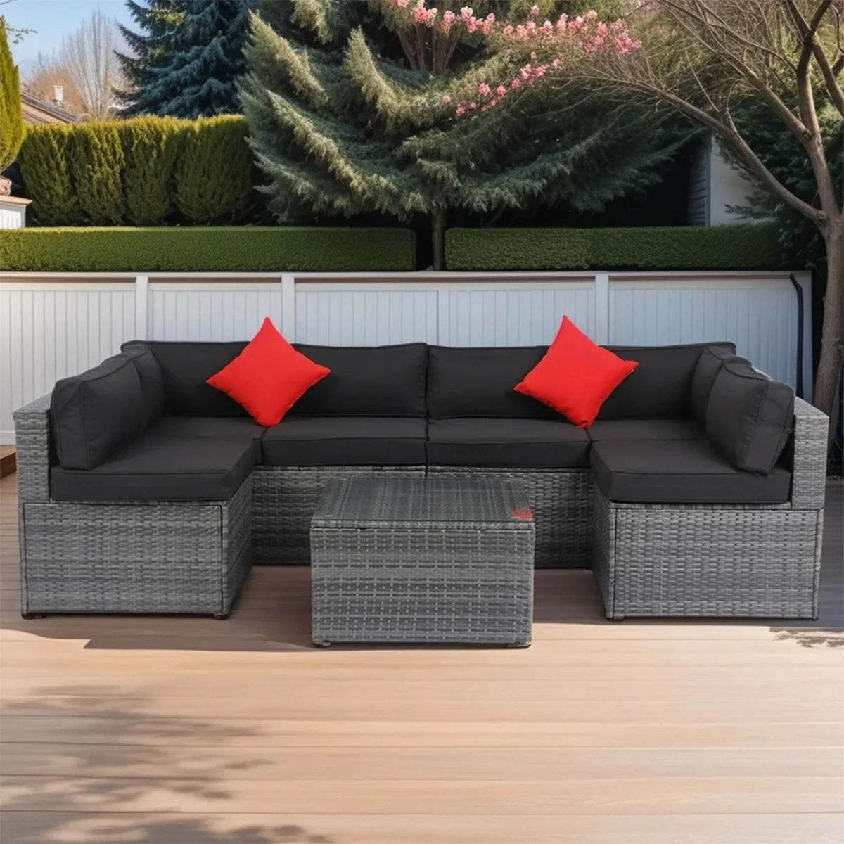 7 Piece Patio Furniture Sets Outdoor Sectional PE Rattan Outdoor Furniture Patio Conversation Set with Cushions and Glass Coffee Table, for Balcony Lawn and Garden, Gray
