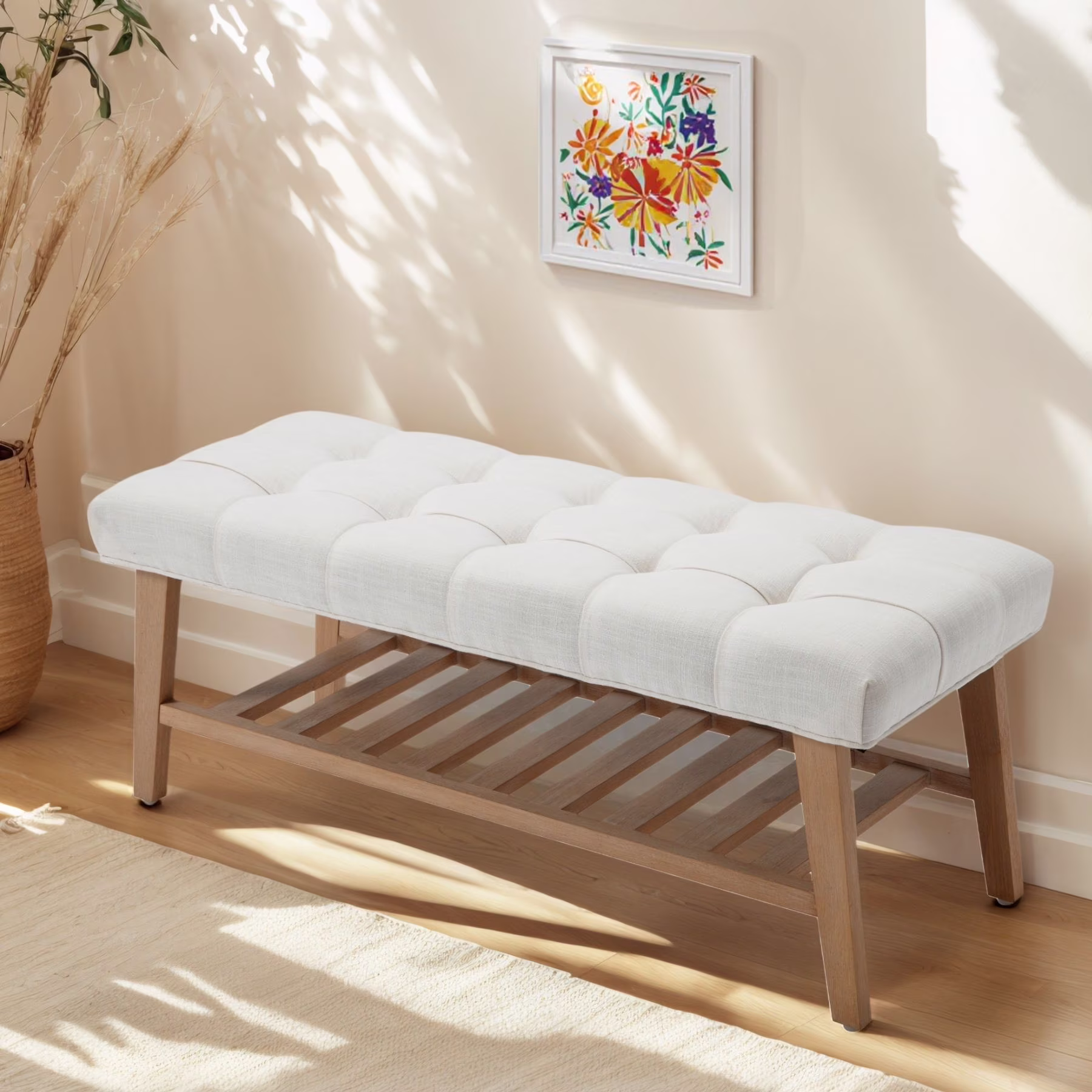 Upholstered Storage Bench with Shoe Rack,Linen Fabric Entryway Bench for Living Room, Bedroom and Hallway, Multi Functional Ottoman with Solid Wood Shelf, Beige(Beige)