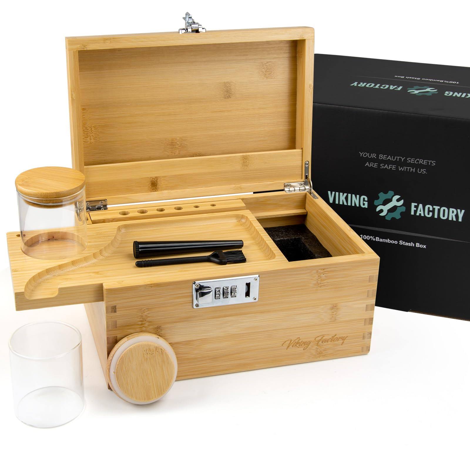 Viking Factory Decorative Box Set with Combination Lock - Premium Large Bamboo Storage Box Removable Tray Brush, Wooden Storage Roll Kit with All