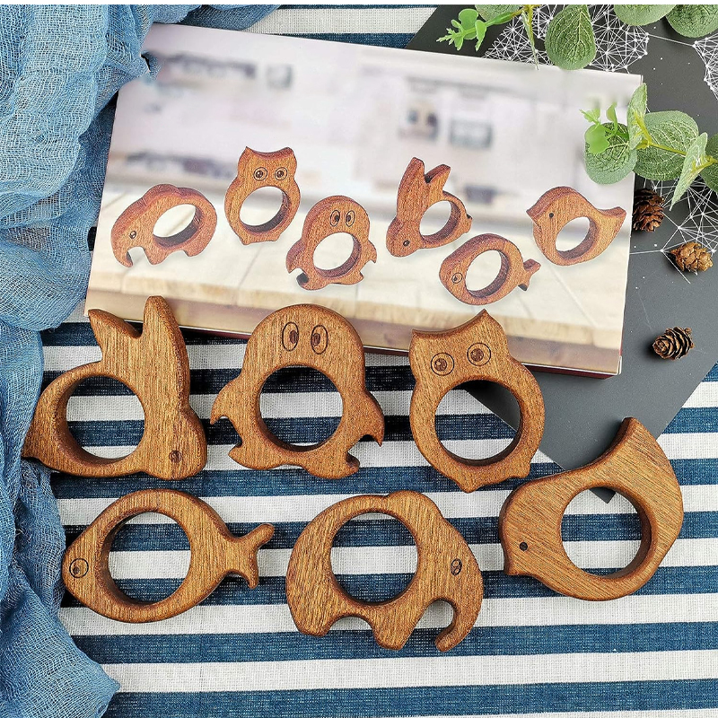 Handmade Wood Napkin Rings Set of 6, Cute Animal Shape Table Decor for Christmas, Thanksgiving and Other Holiday Parties