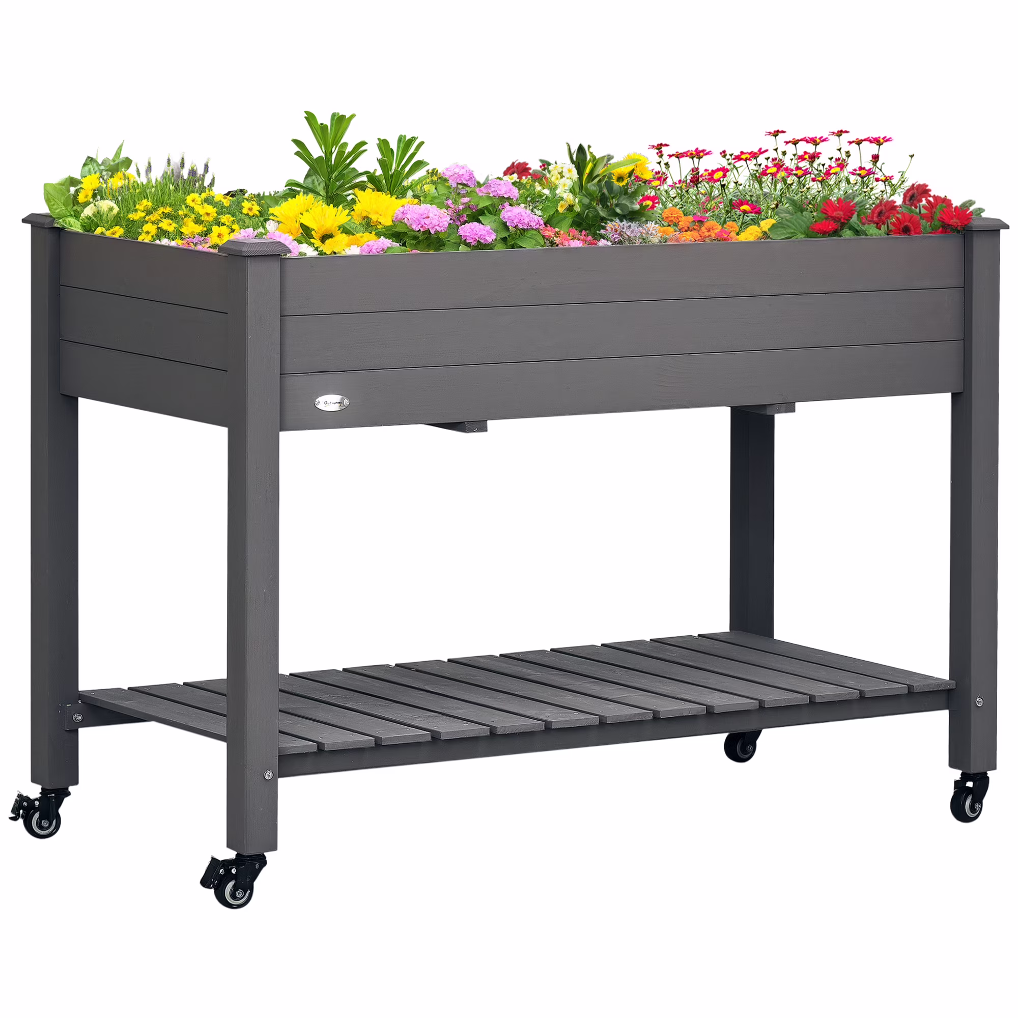 Outsunny 47 x 21 Raised Garden Bed Elevated Wooden Planter Box w/ Lockable Wheels, Storage Shelf and Bed Liner for Backyard, Patio, Dark Gray