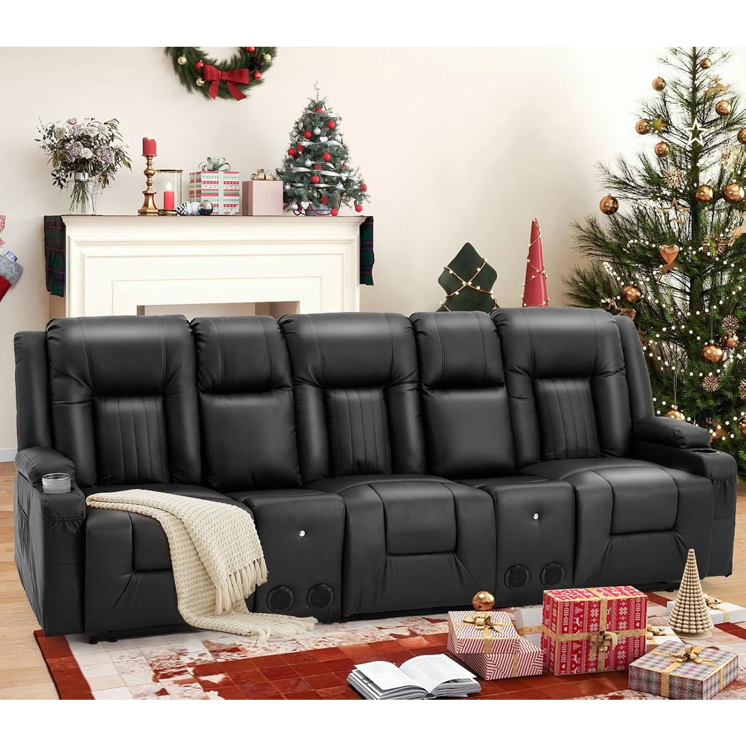 AECOJOY 3 Seater Recliner Sofa with 2 Console&Bluetooth Speakers, Black