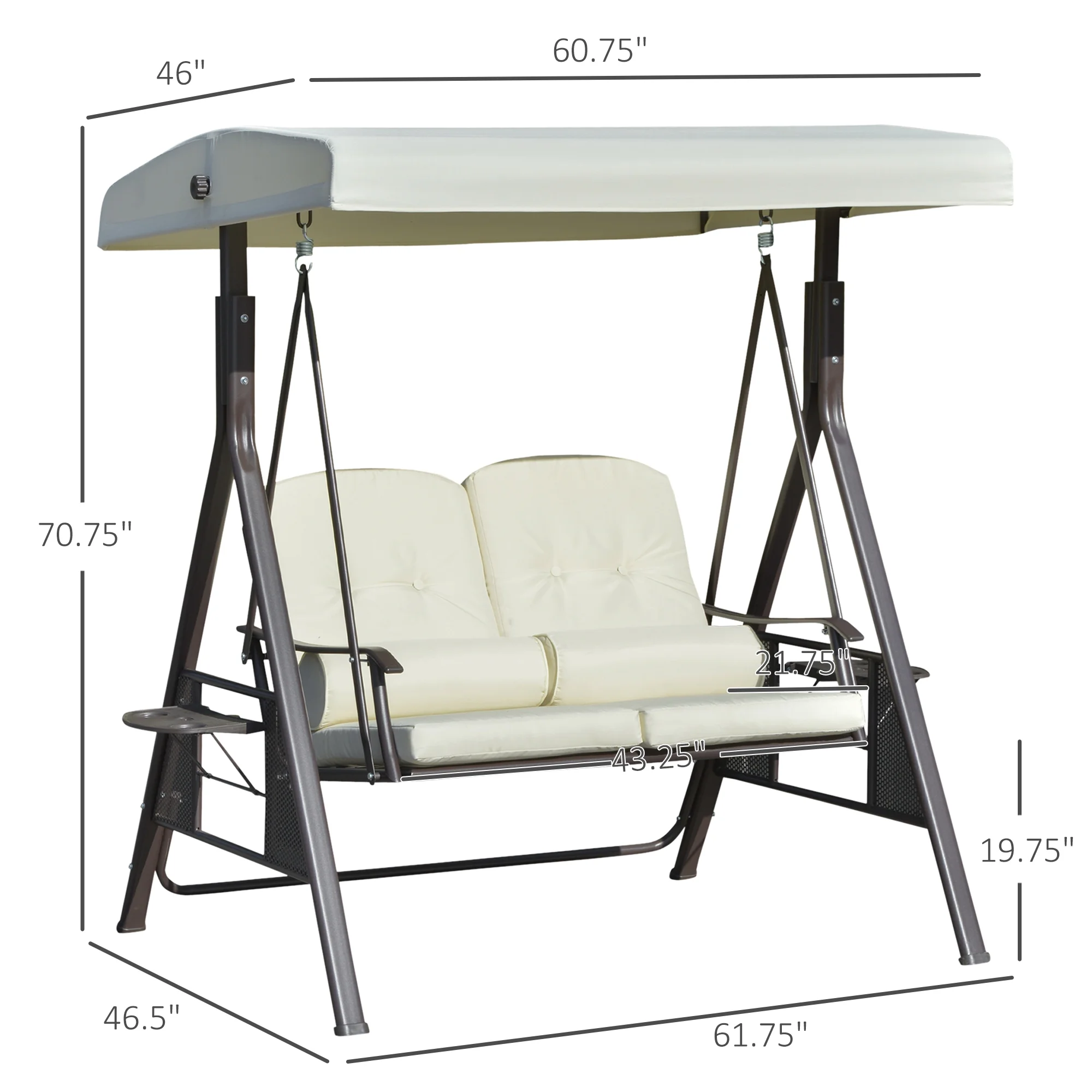 2-Person Patio Swing Bench with Adjustable Shade Canopy, Soft Cushions, Throw Pillows and Tray, Beige.(Beige) - Image 8