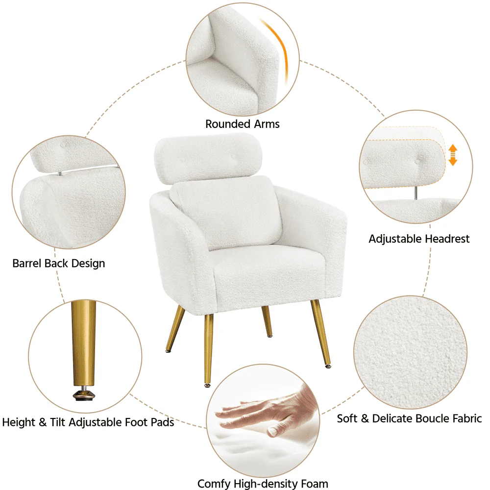 Yaheetech Upholstered Boucle Barrel Accent with Adjustable Headrest,White(Dark Gray)